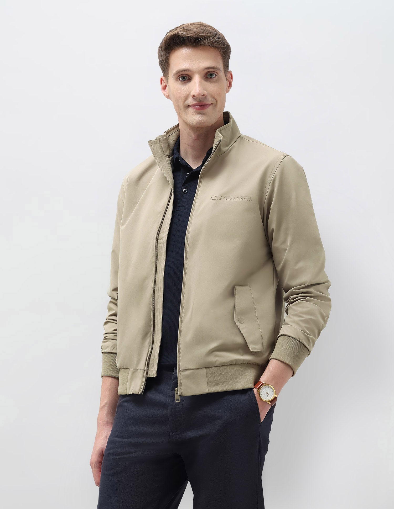 Regular Fit Solid Casual Jacket Khaki - U.S. Polo Assn. India | Large