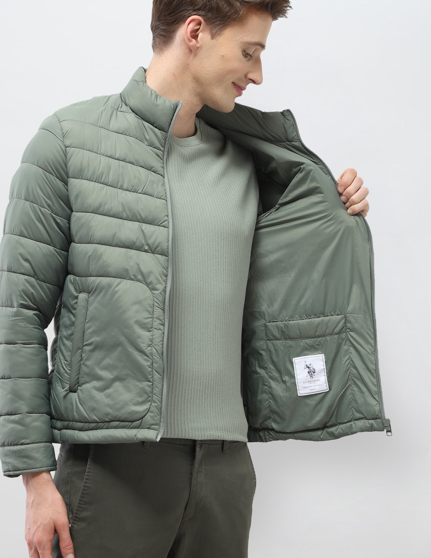Solid Regular Fit Puffer Jacket Green - U.S. Polo Assn. India | Large