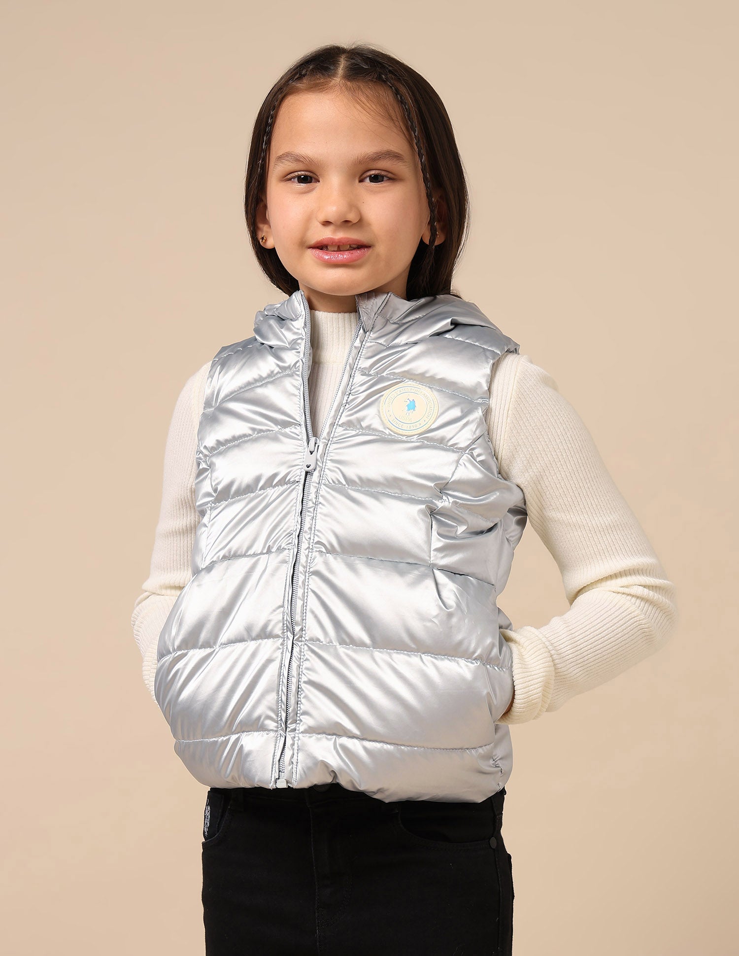 Girls Hooded Puffer Gilet Jacket Silver - U.S. POLO ASSN. | Large