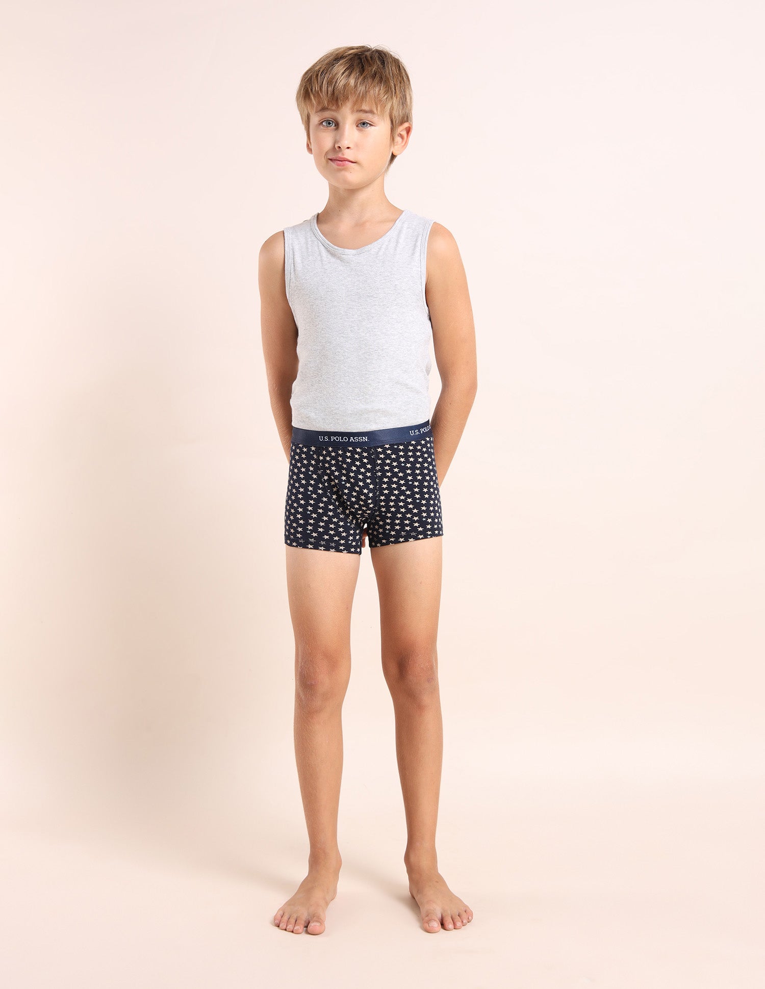 Boys Mid Rise Cotton Spandex Trunks - Pack Of 3 Navy, White and Blue - U.S. POLO ASSN. | Large