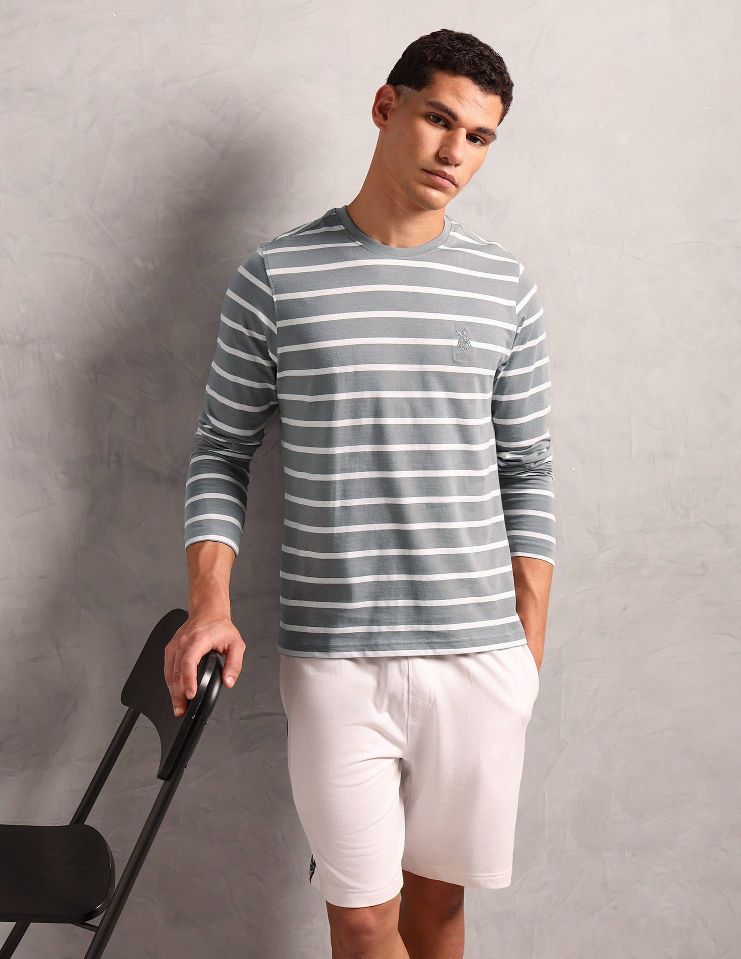 Horizontal Striped Pure Cotton I689 Lounge T-Shirt - Pack Of 1 Ghost Grey / White - U.S. Polo Assn. India | Large