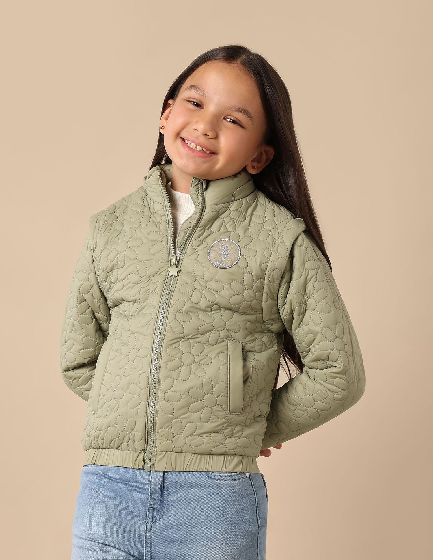 Girls Detachable Hood And Sleeve Jacket Olive - U.S. POLO ASSN. | Large