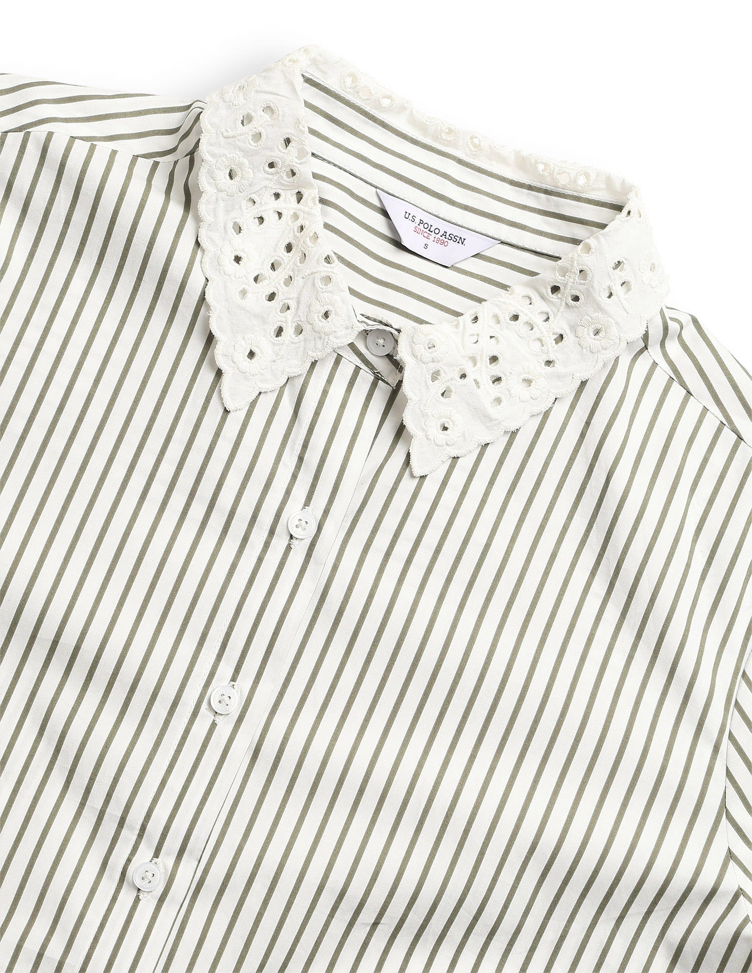 Regular Fit Striped Shirt With Schiffli Collar Green - U.S. Polo Assn. India | Large