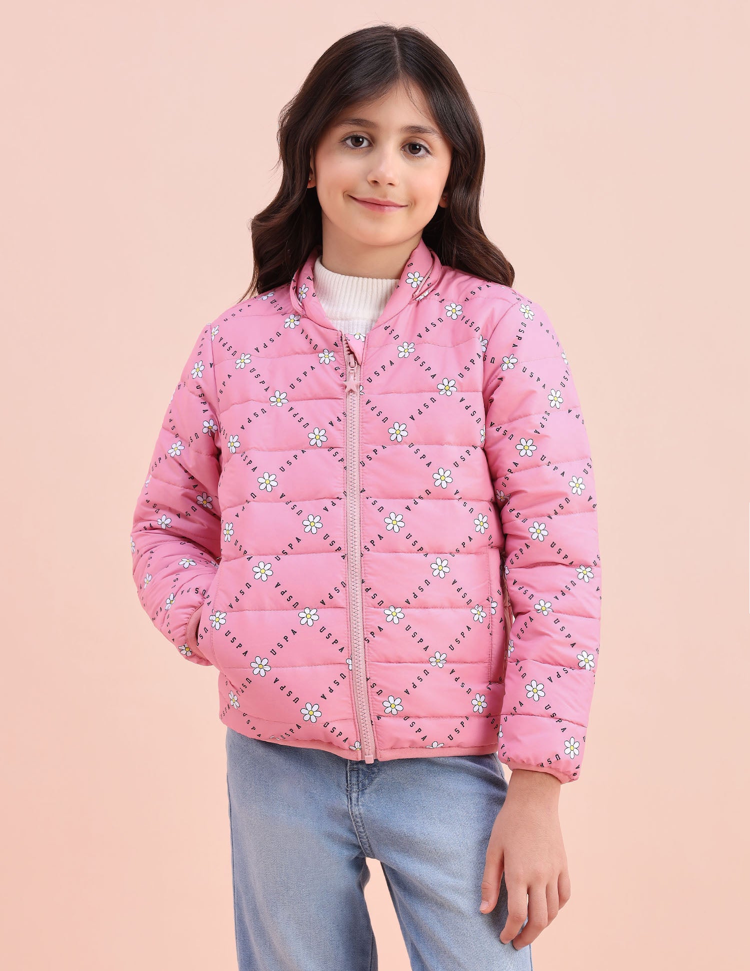 Floral Logo Printed Puffer Jacket Pink - U.S. POLO ASSN. | Large