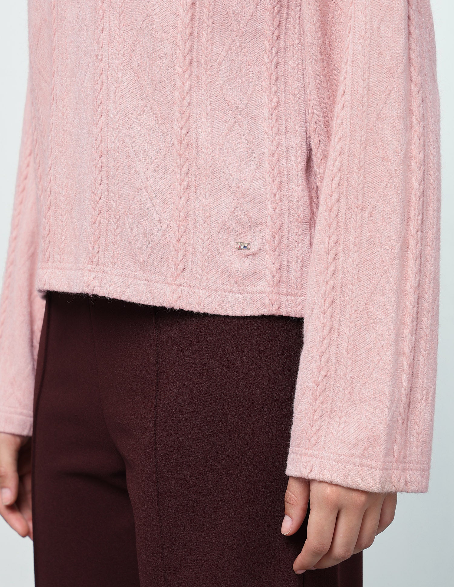 Cable Patterned Knit Regular Fit Sweater Pink - U.S. Polo Assn. India | Large