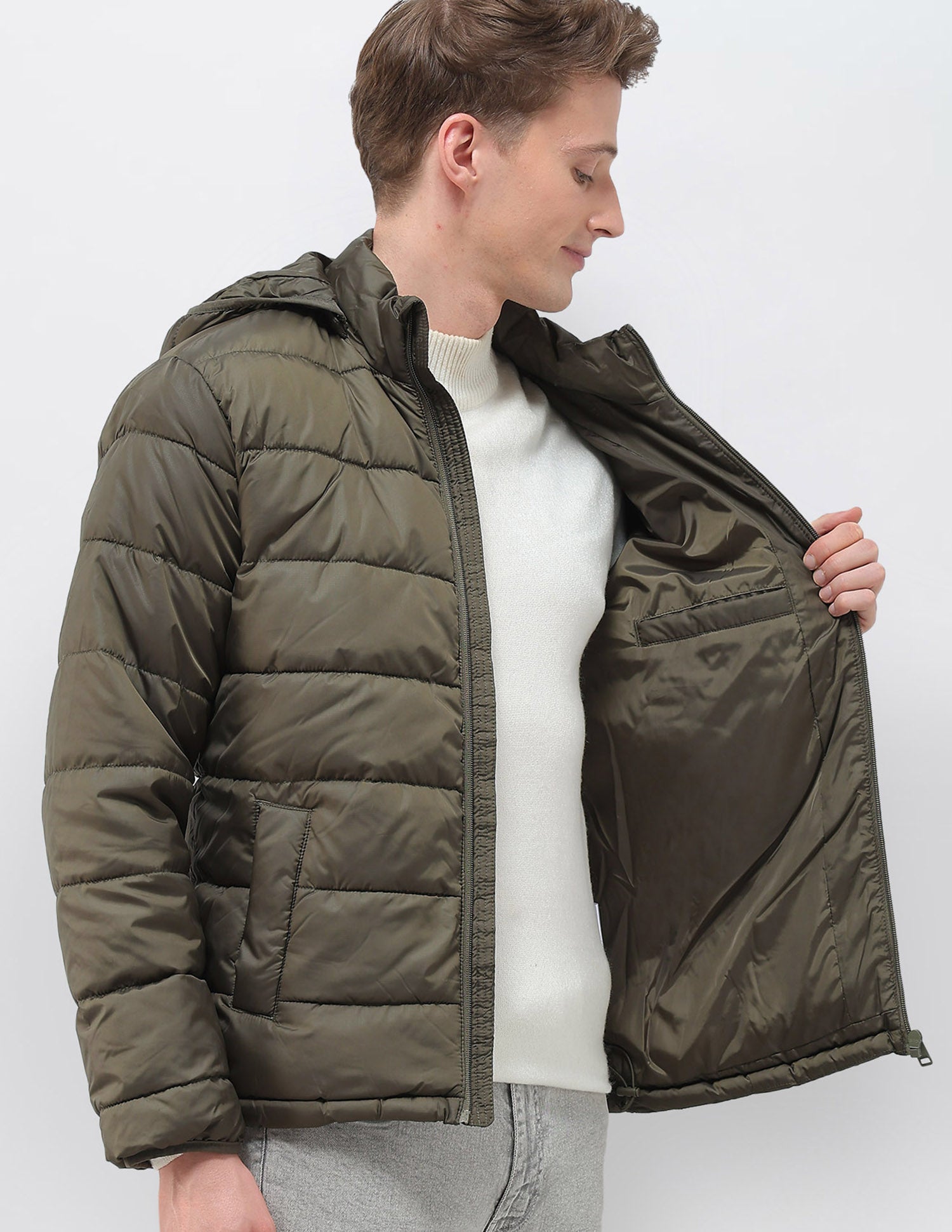 Removable Hood Solid Puffer Jacket Olive - U.S. Polo Assn. India | Large