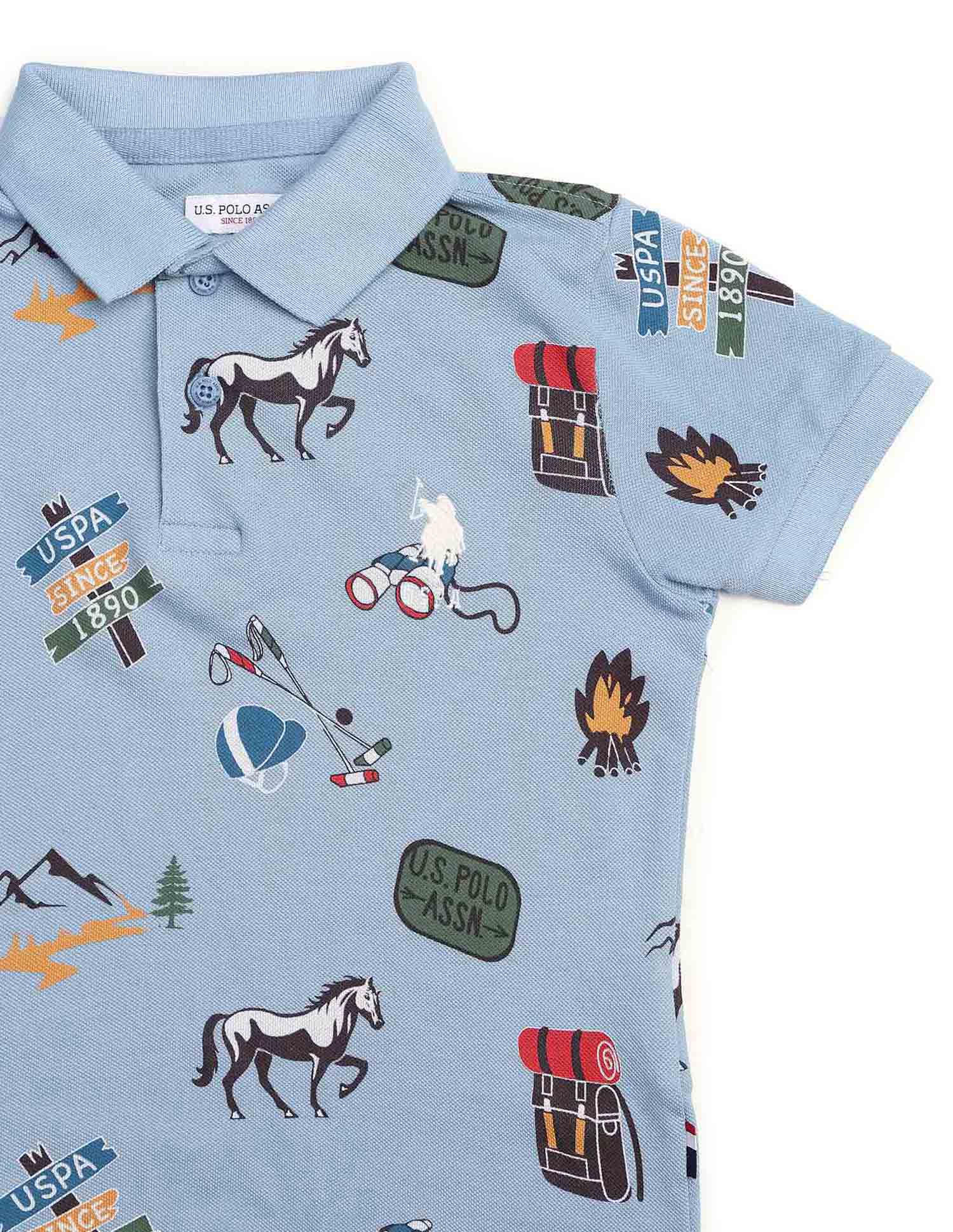 Boys All Over Printed Pure Cotton Polo Shirt Blue - U.S. POLO ASSN. | Large