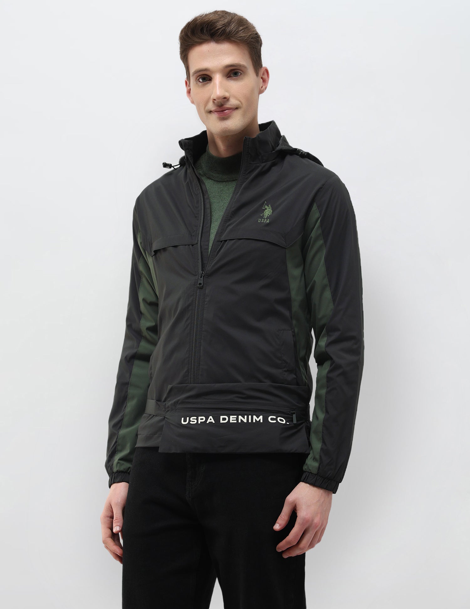 Packable Detachable Hood Colour Blocked Jacket Olive - U.S. Polo Assn. India | Large