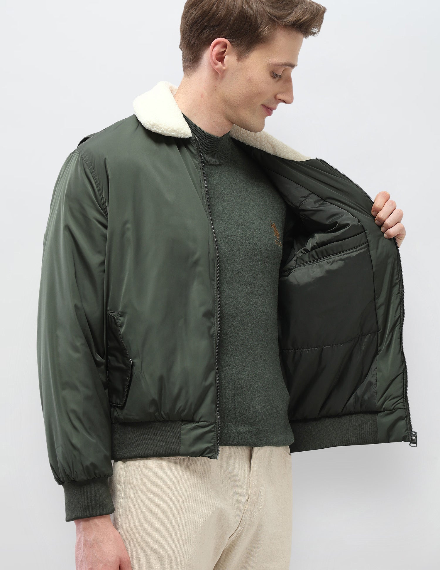 Solid Regular Fit Bomber Jacket Olive - U.S. Polo Assn. India | Large
