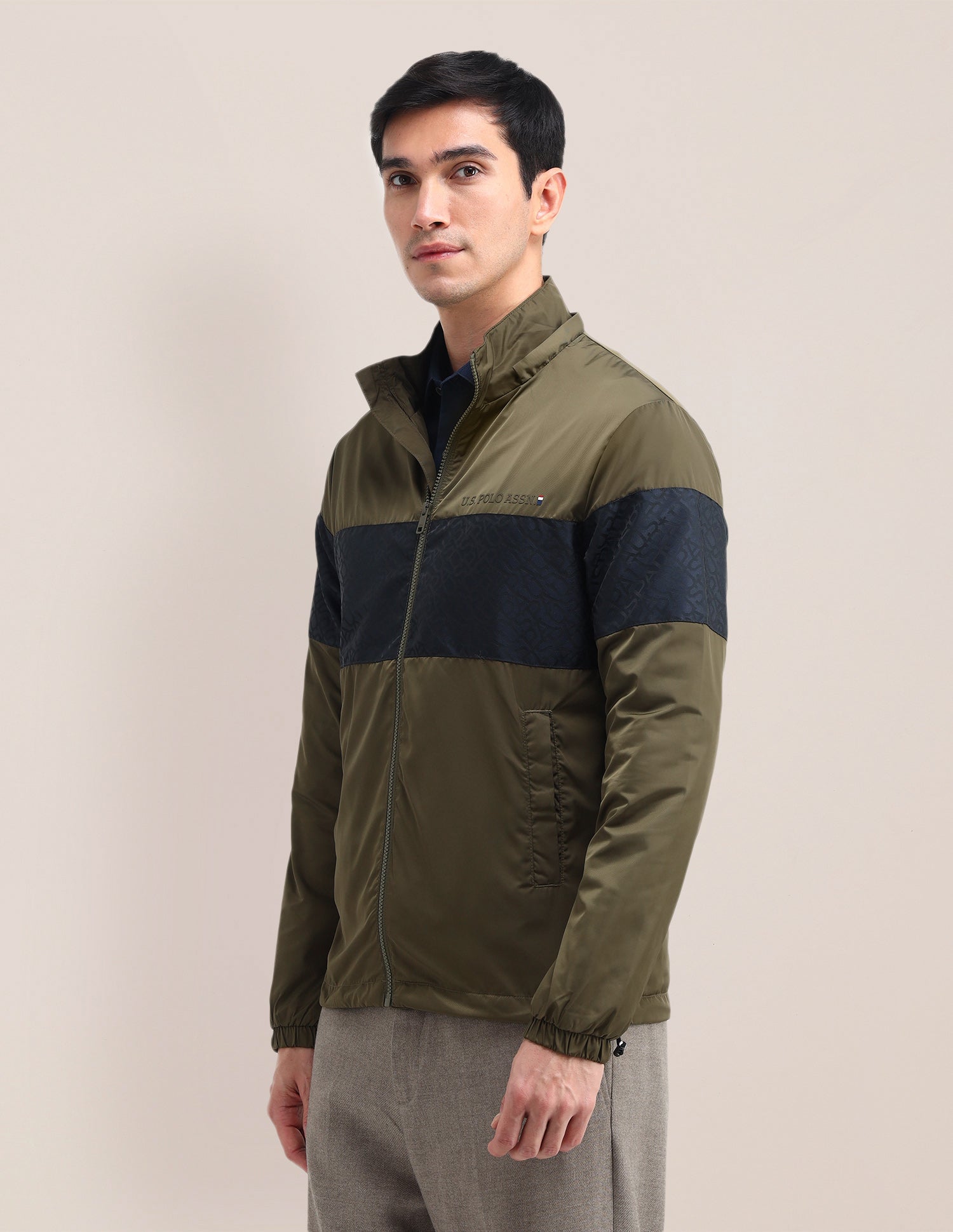 Brand Printed Regular Fit Jacket Olive - U.S. Polo Assn. India | Large
