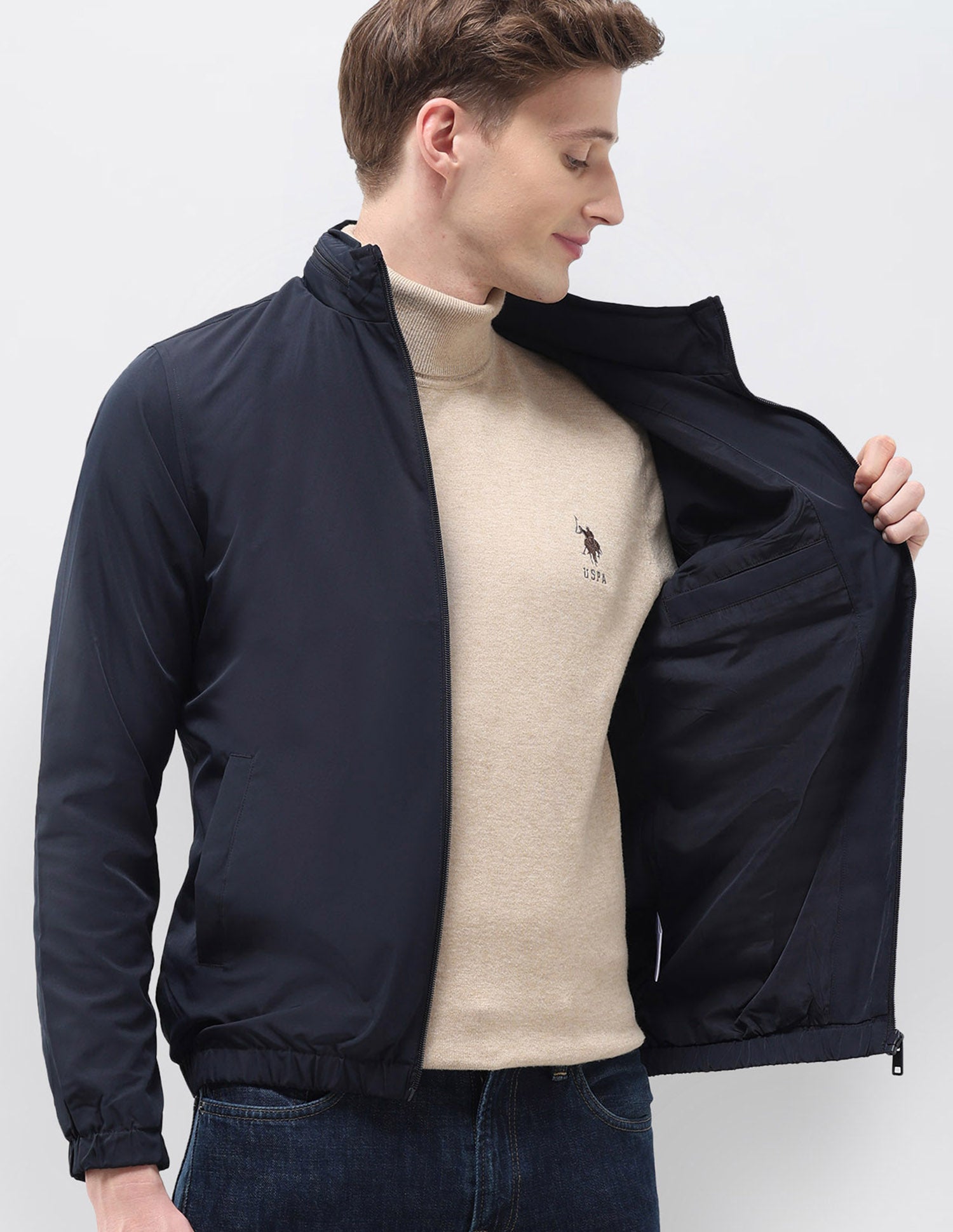 Regular Fit Solid Packable Hood Jacket Navy - U.S. Polo Assn. India | Large