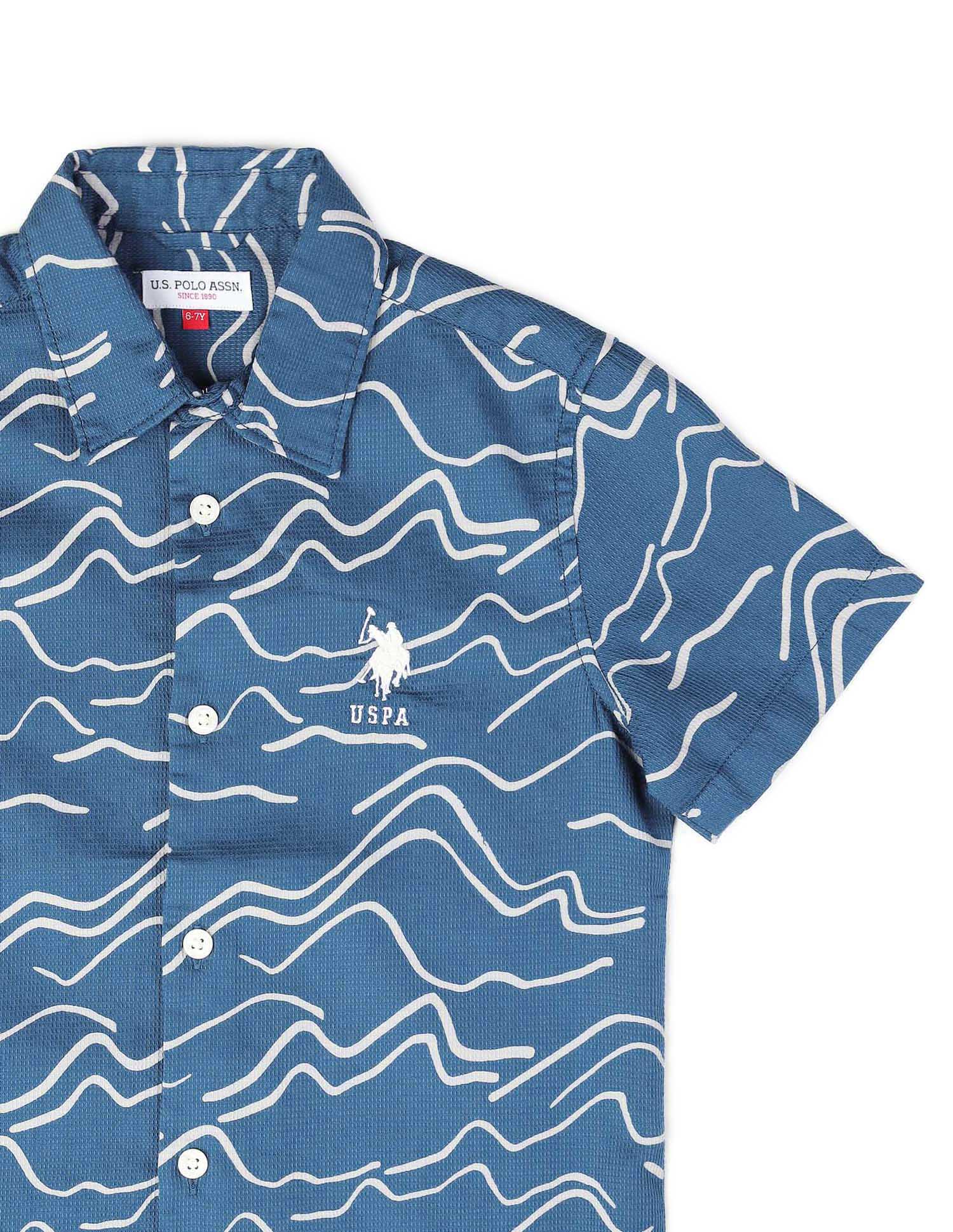 Boys Abstract Printed Pure Cotton Shirt Blue - U.S. POLO ASSN. | Large
