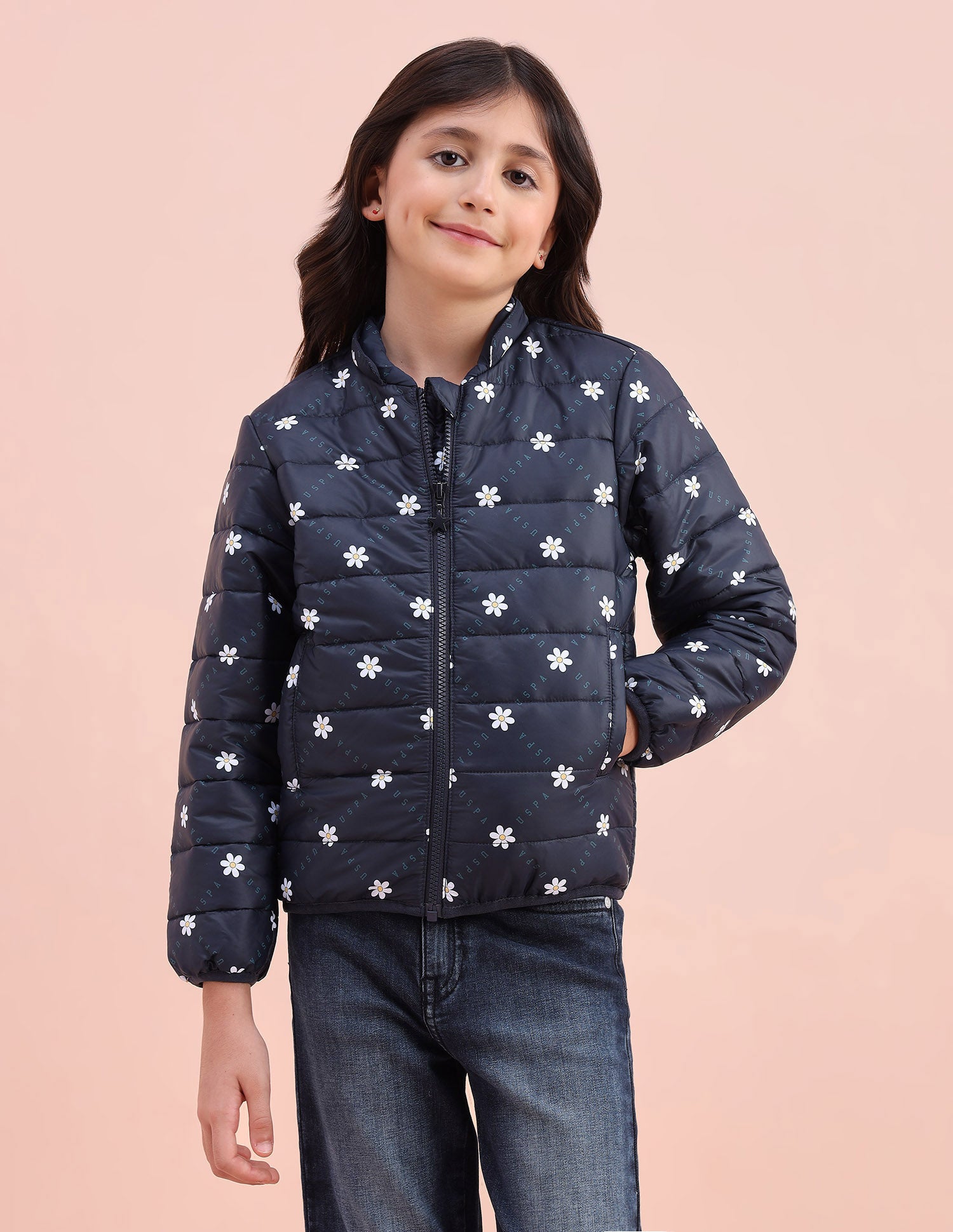 Floral Logo Printed Puffer Jacket Navy - U.S. POLO ASSN. | Large