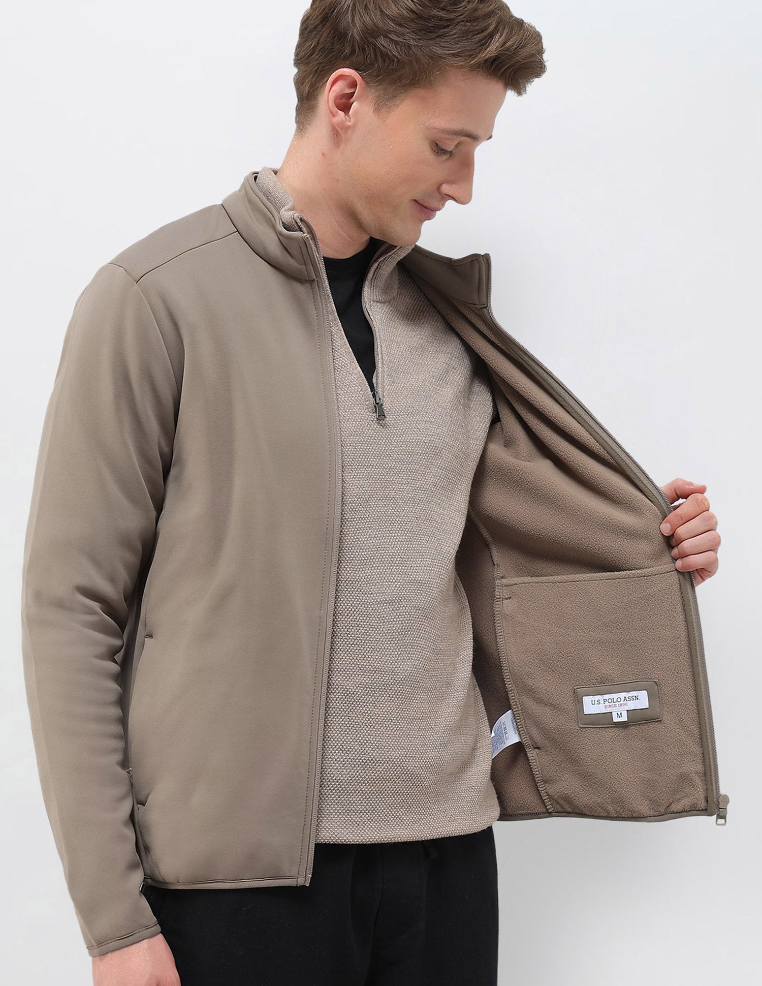 Solid Regular Fit Zipper Sweatshirt Light Brown - U.S. POLO ASSN. | Large