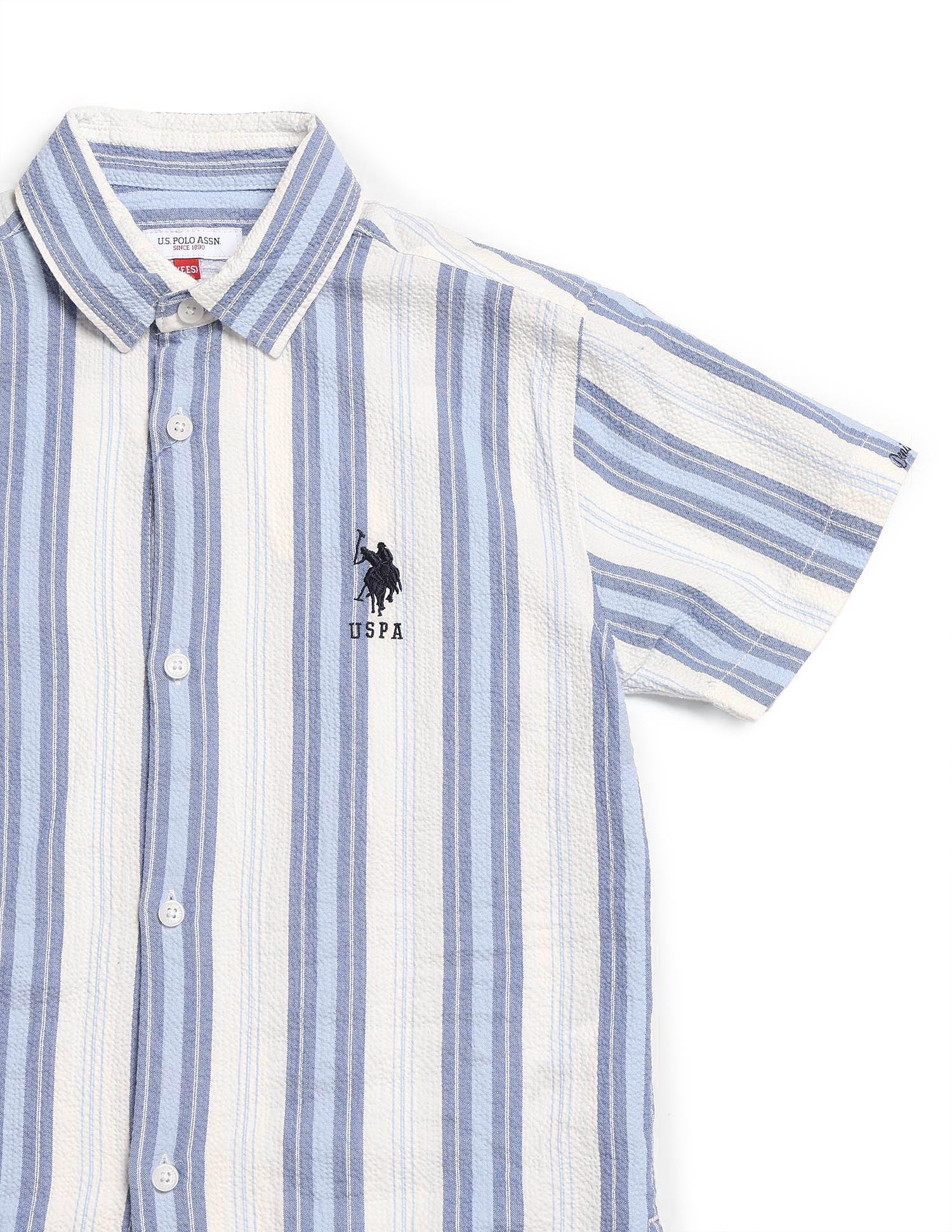 Boys Vertical Striped Seersucker Shirt Blue - U.S. Polo Assn. India | Large