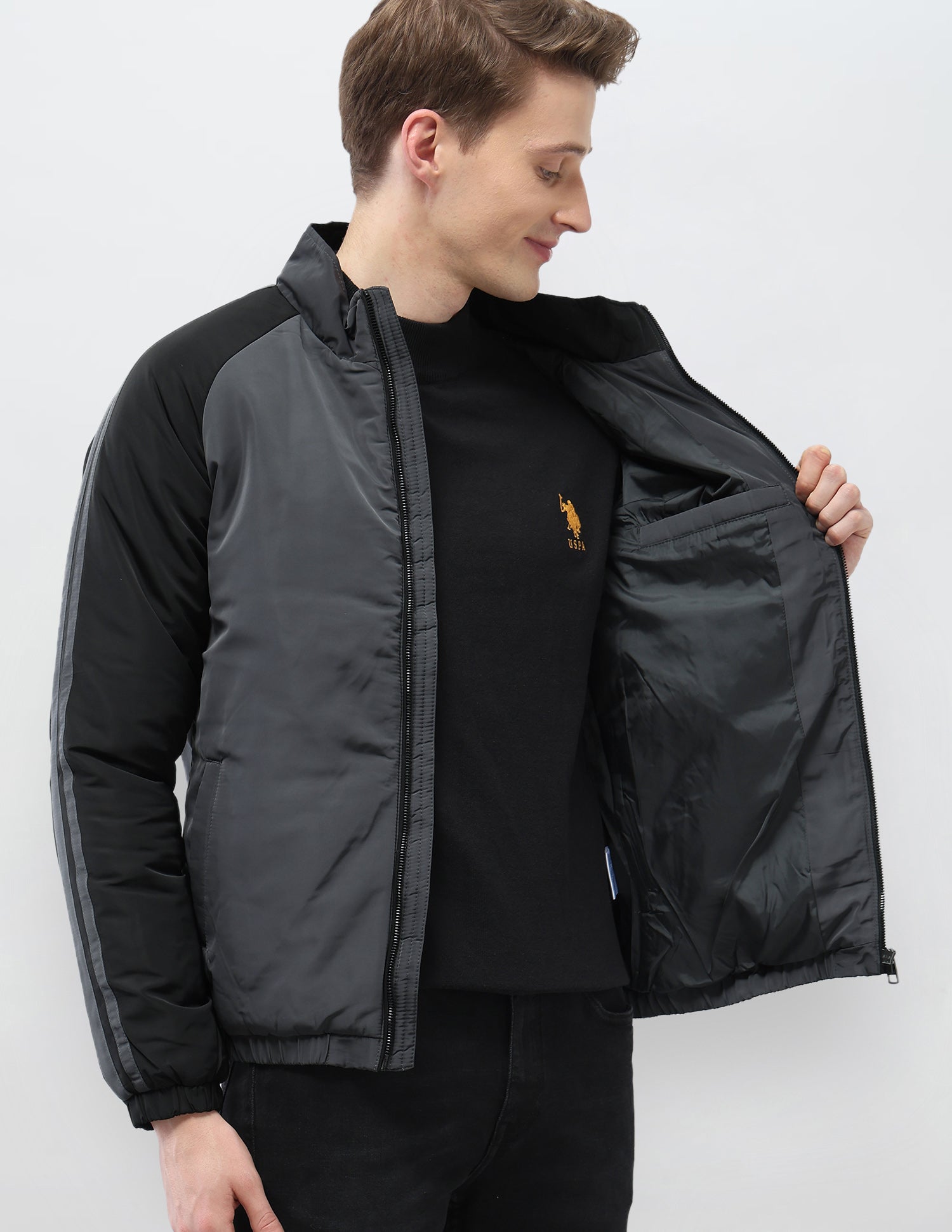 Colour Blocked Regular Fit Puffer Jacket Grey - U.S. Polo Assn. India | Large