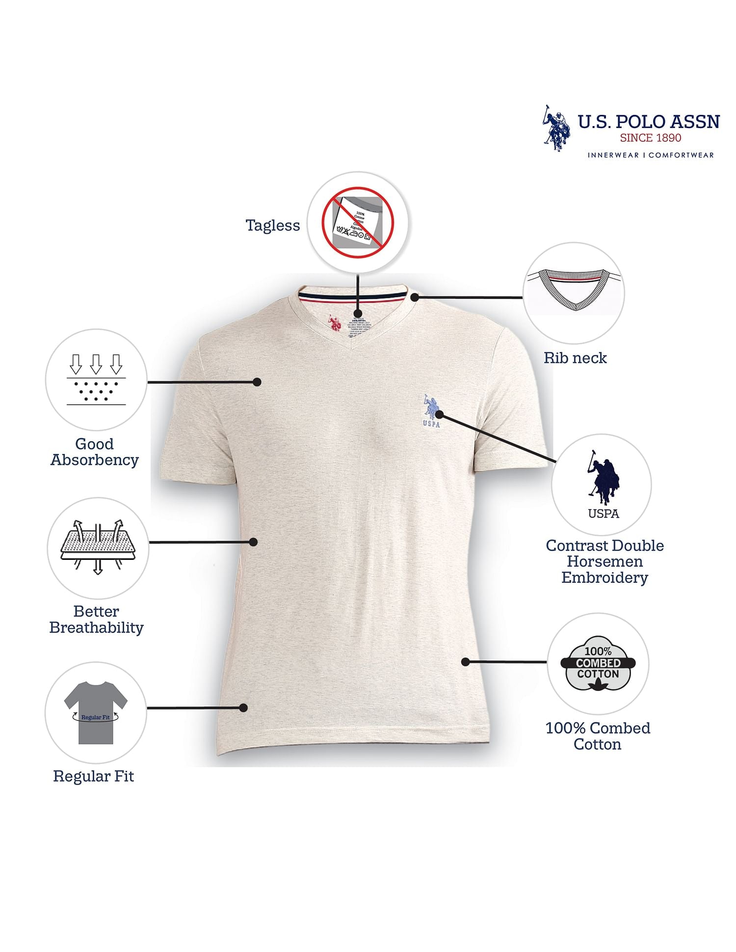 Men Off White I638 Comfort Fit Solid Cotton T-Shirt - Pack Of 1 Cream - U.S. POLO ASSN. | Large