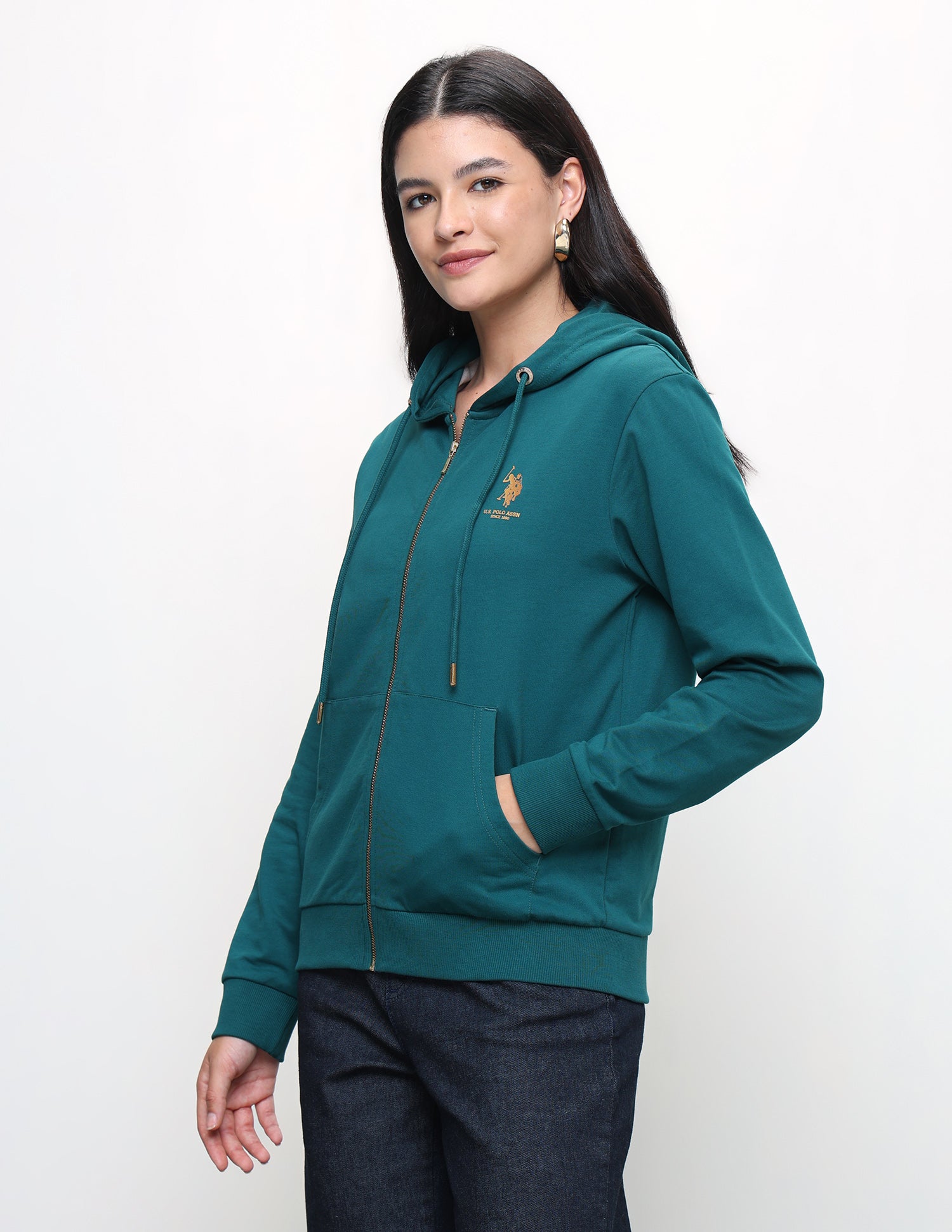 Solid Regular Fit Zipper Sweatshirt Teal - U.S. Polo Assn. India | Large