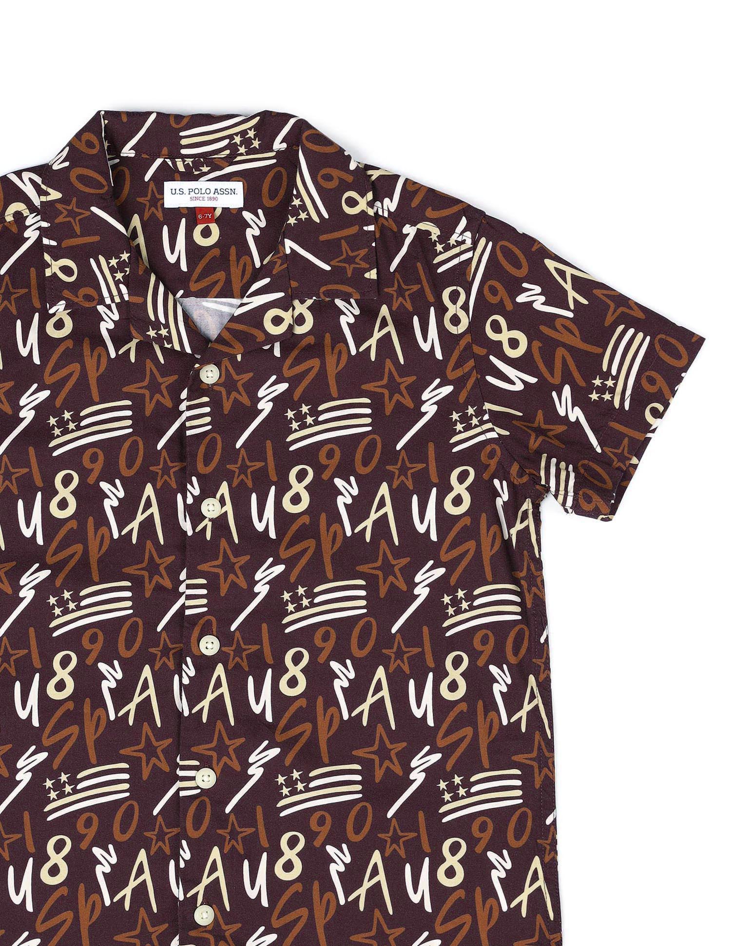 Boys All Over Printed Cuban Shirt Brown - U.S. POLO ASSN. | Large