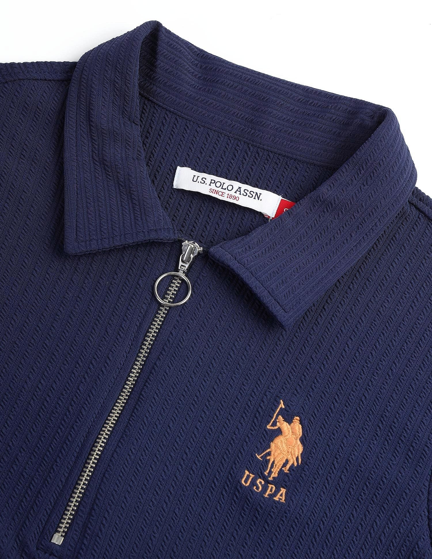 Zipper Placket Textured Polo Shirt Navy - U.S. POLO ASSN. | Large