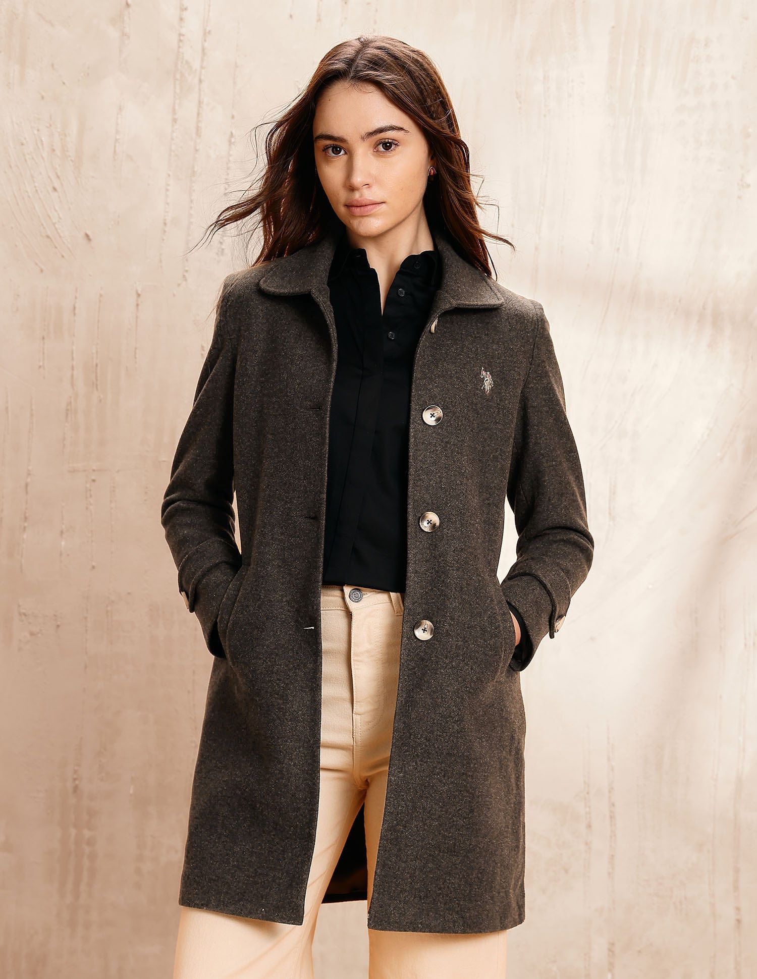 Solid Regular Fit Trench Coat Brown - U.S. POLO ASSN. | Large