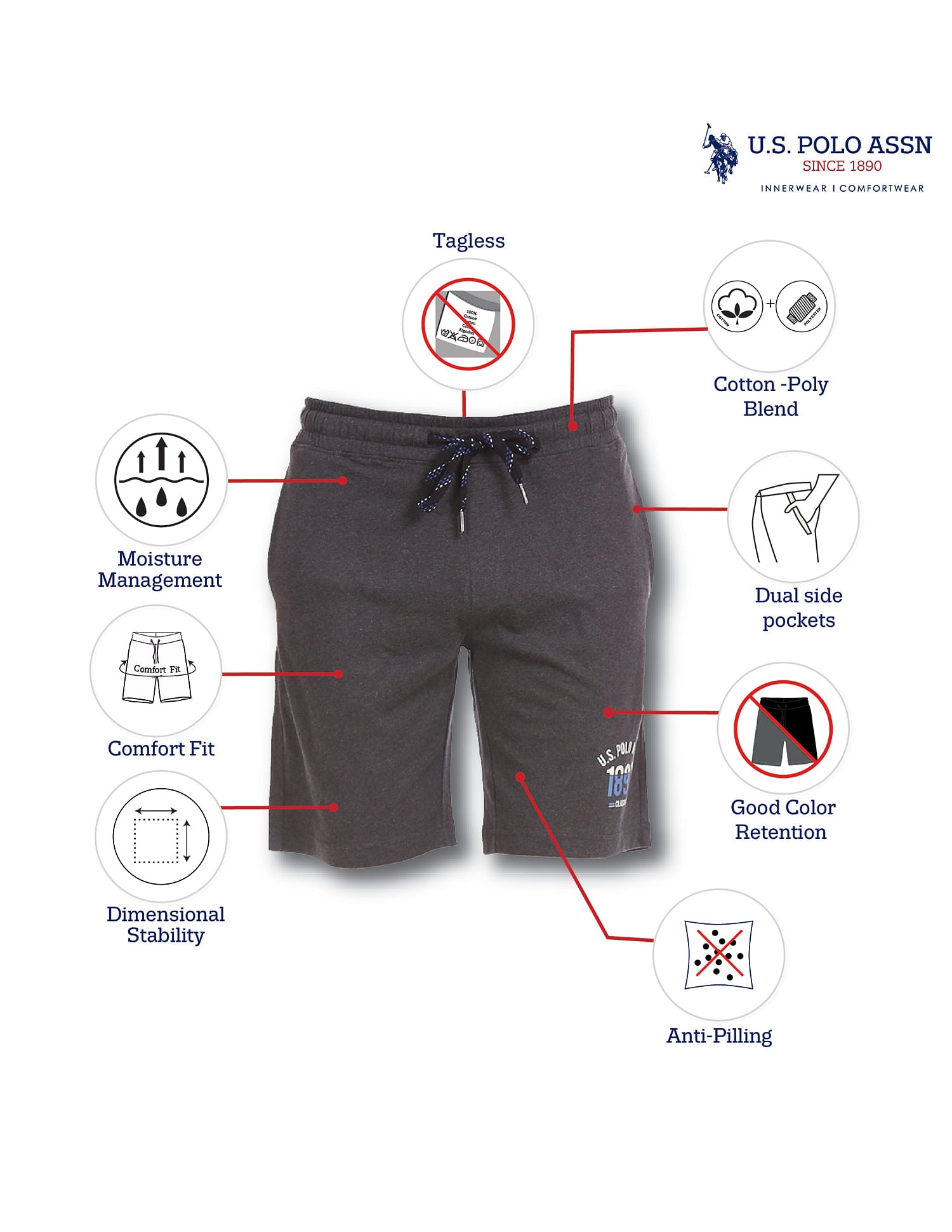 Men Charcoal I670 Comfort Fit Solid Cotton Polyester Shorts Pack of 1 Anthra Melange - U.S. Polo Assn. India | Large