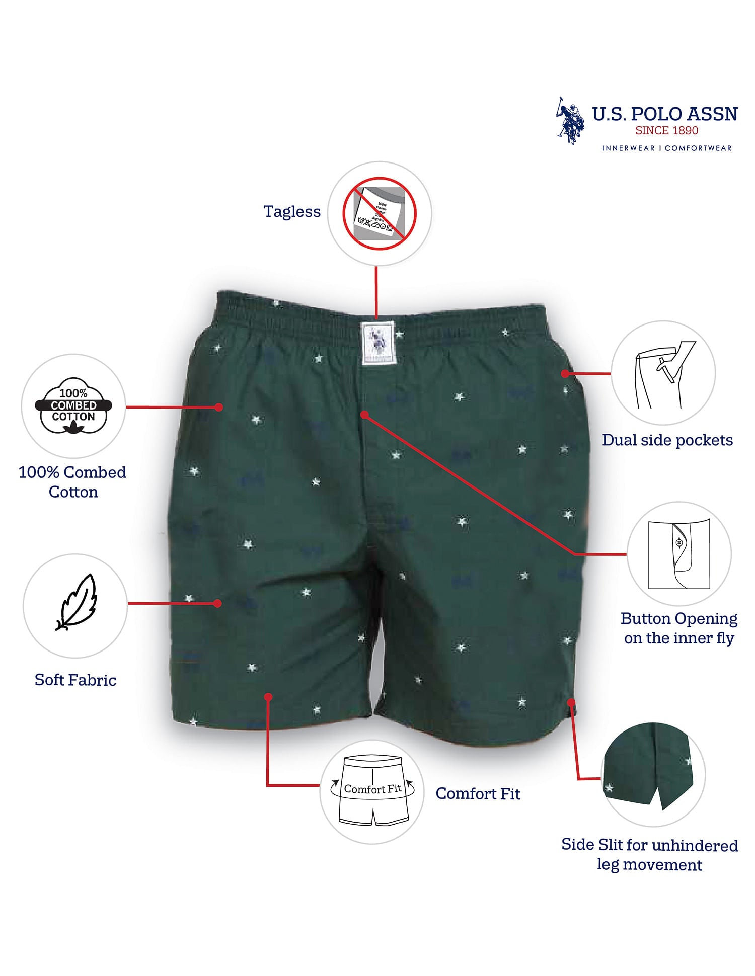 Comfort Fit Print Cotton I663 Boxers - Pack Of 1 Bottle Green - U.S. POLO ASSN. | Large