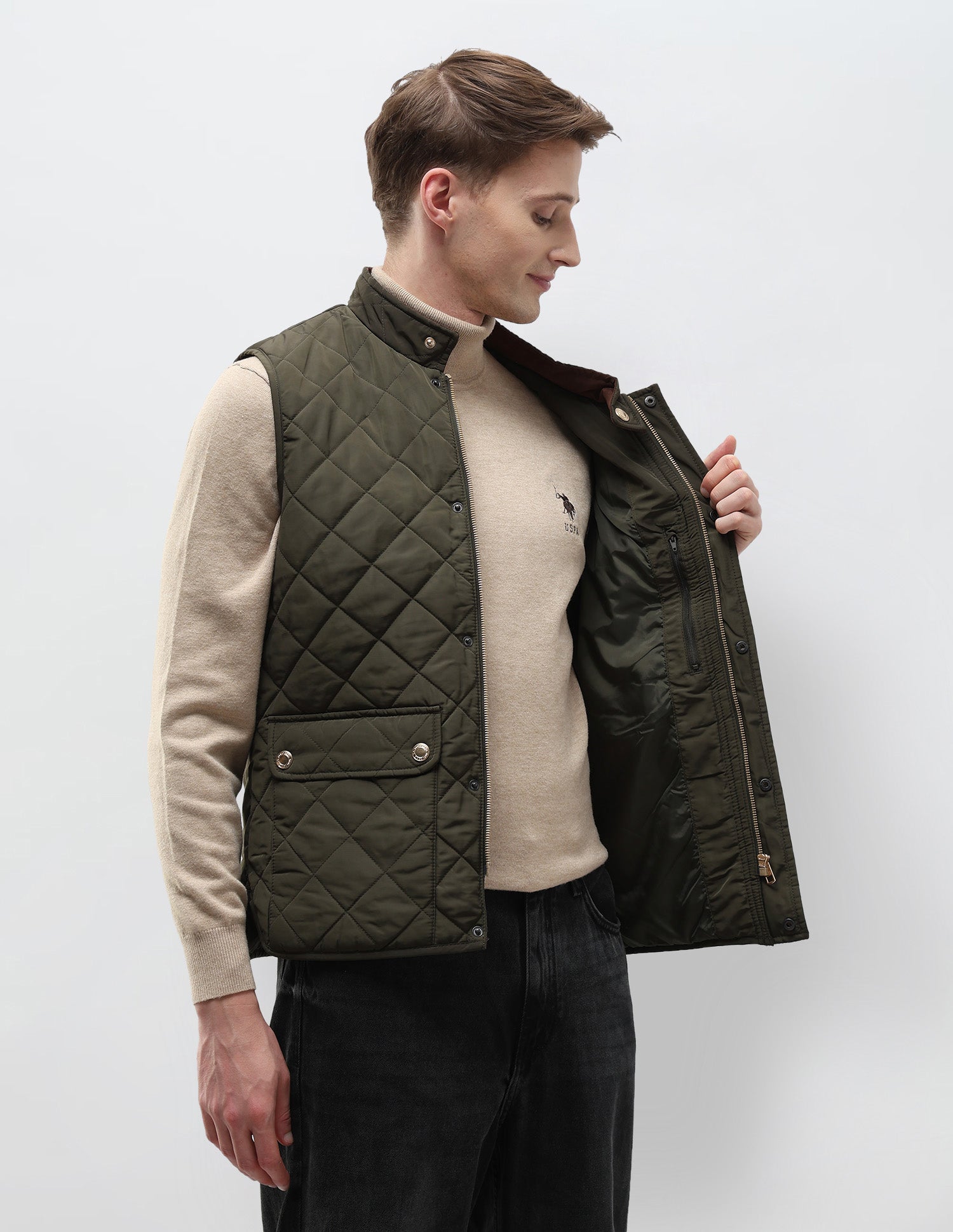High Neck Solid Quilted Jacket Olive - U.S. POLO ASSN. | Large