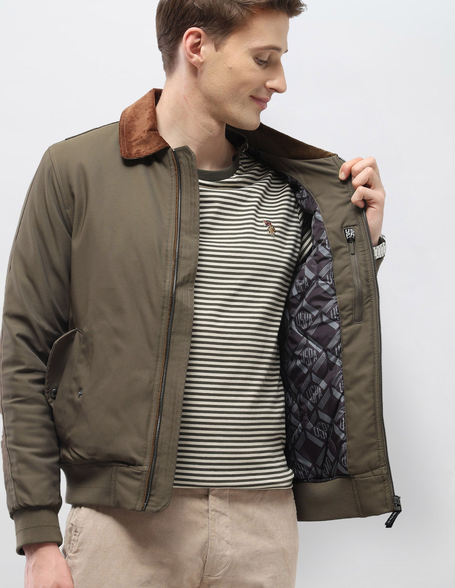 Solid Regular Fit Jacket Olive - U.S. Polo Assn. India | Large