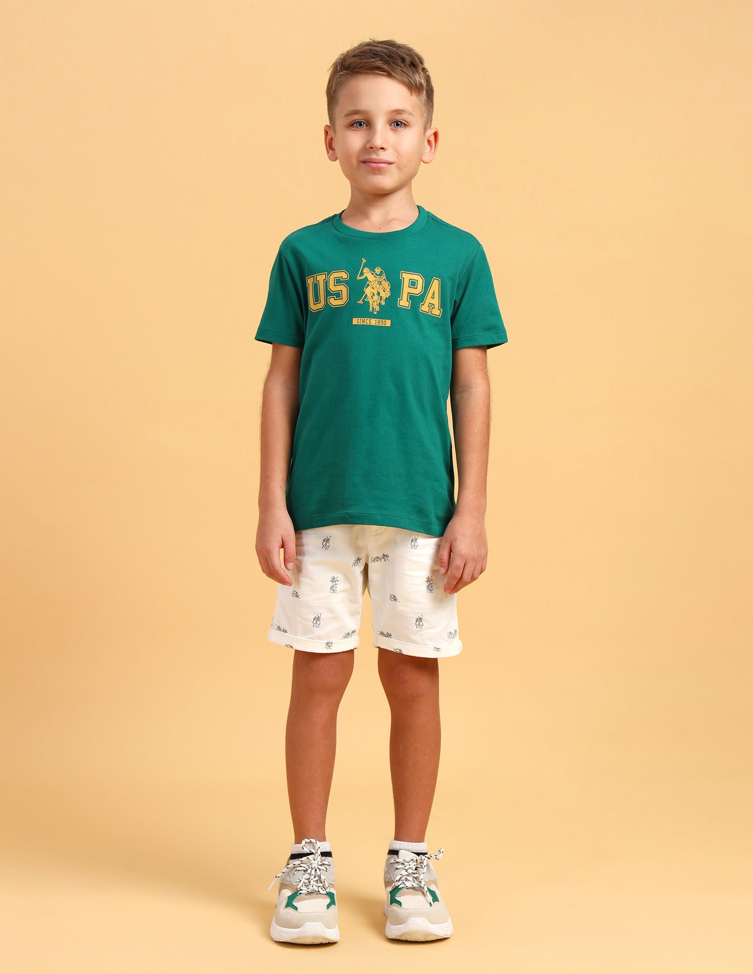 Boys Crew Neck Brand Printed T-Shirt Medium Green - U.S. POLO ASSN. | Large
