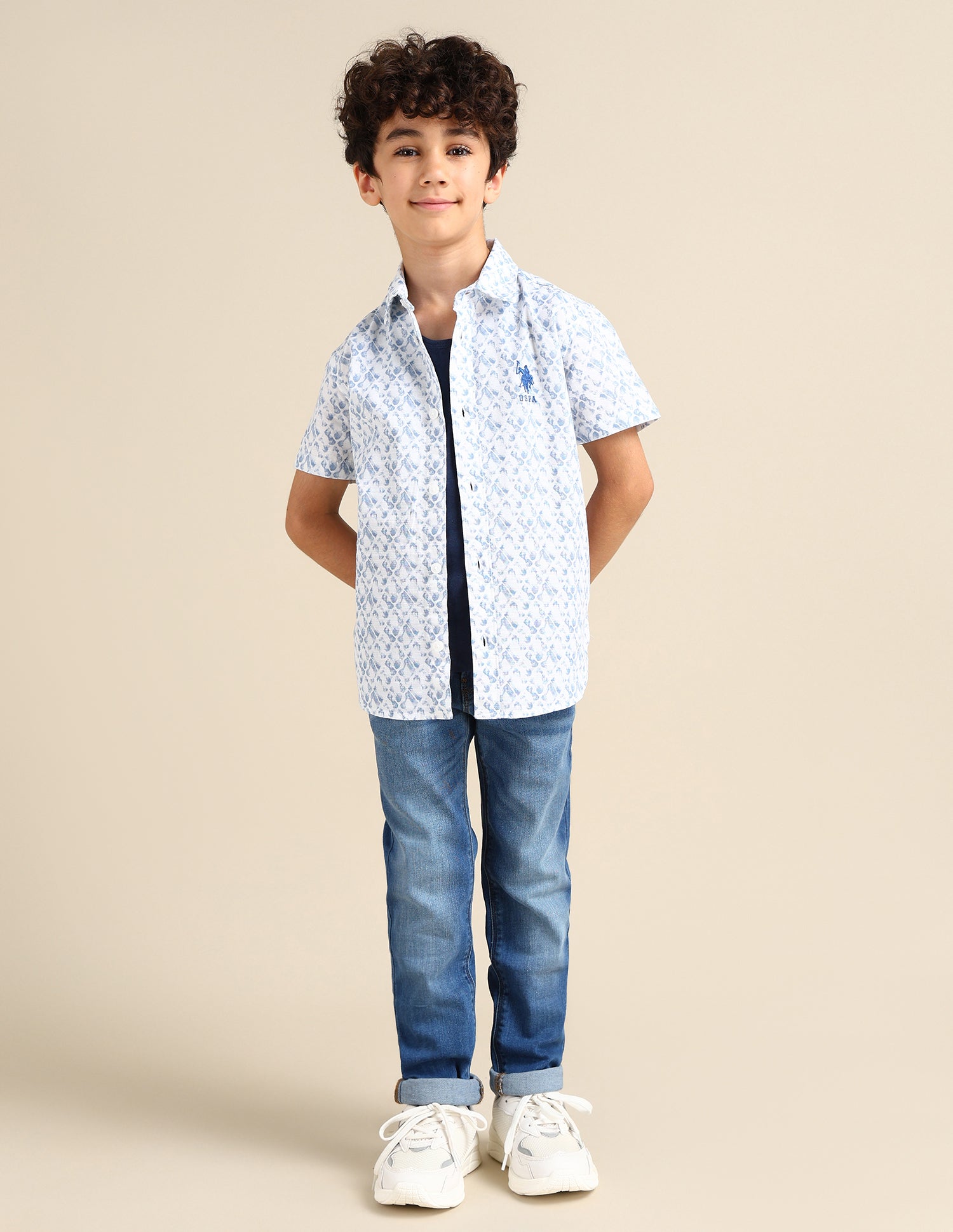 Boys Regular Fit Abstract Printed Shirt White - U.S. Polo Assn. India | Large