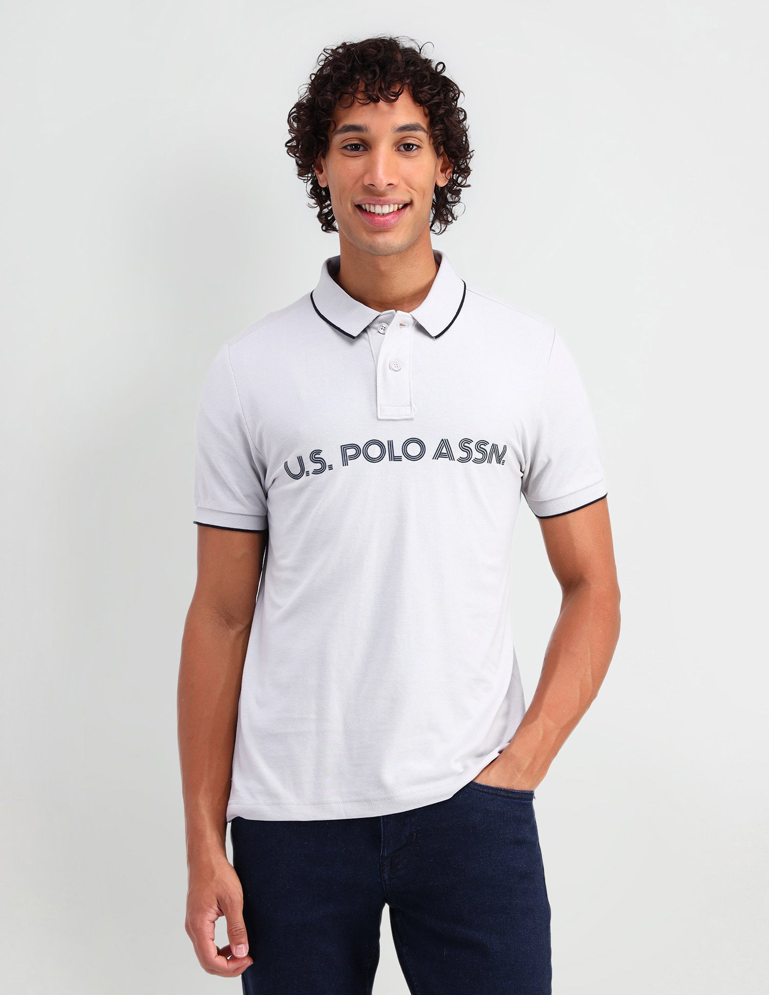 Brand Printed Muscle Fit Polo Shirt Dew Grey - U.S. Polo Assn. India | Large