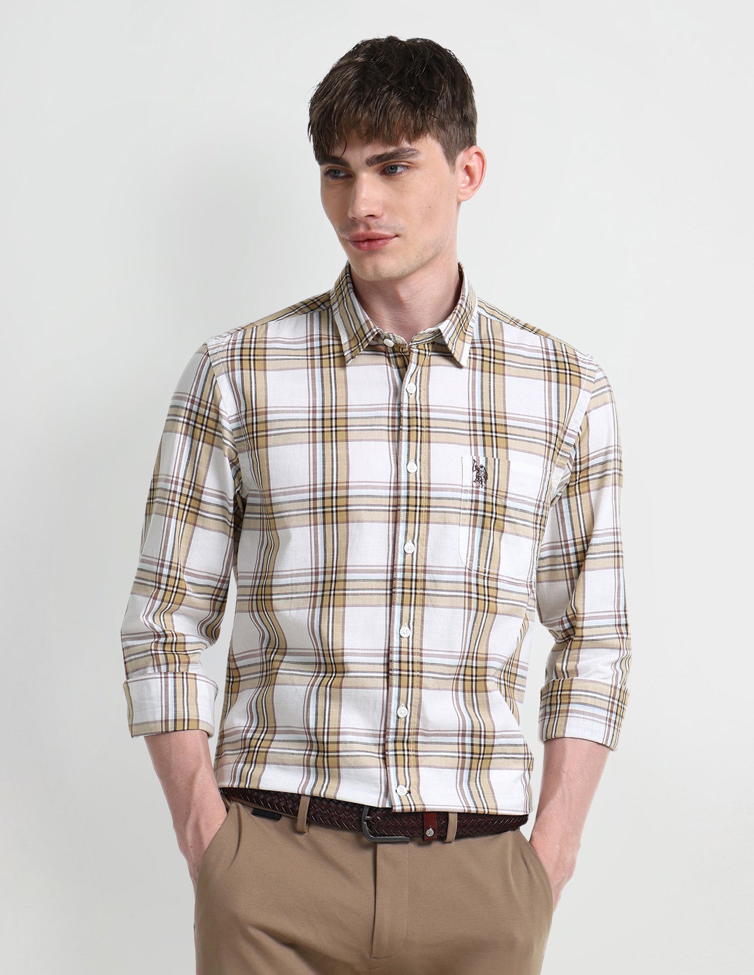 Dupplin Checked Slim Fit Shirt Beige - U.S. Polo Assn. India | Large