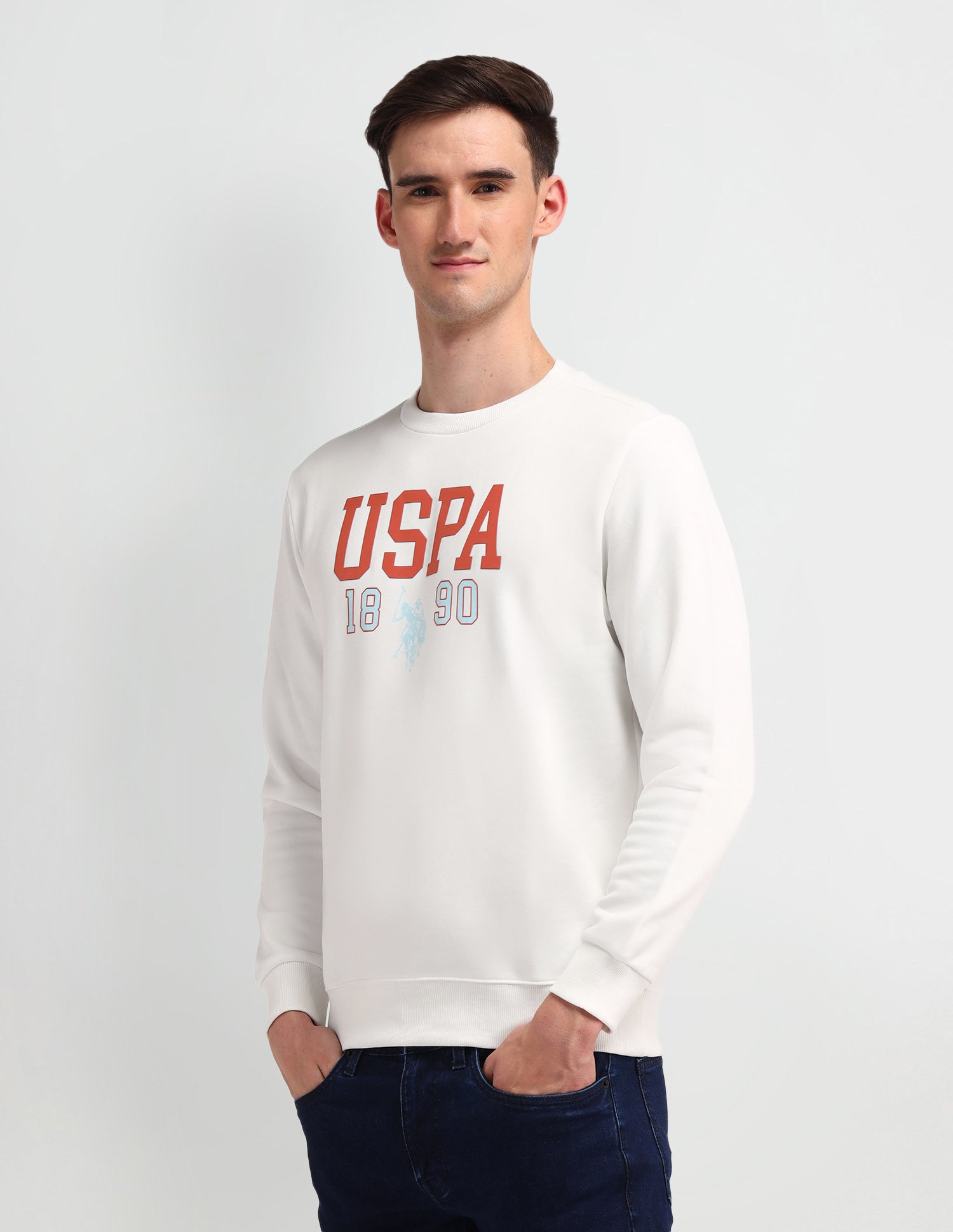 Crew Neck Brand Printed Sweatshirt Ivory - U.S. Polo Assn. India | Large