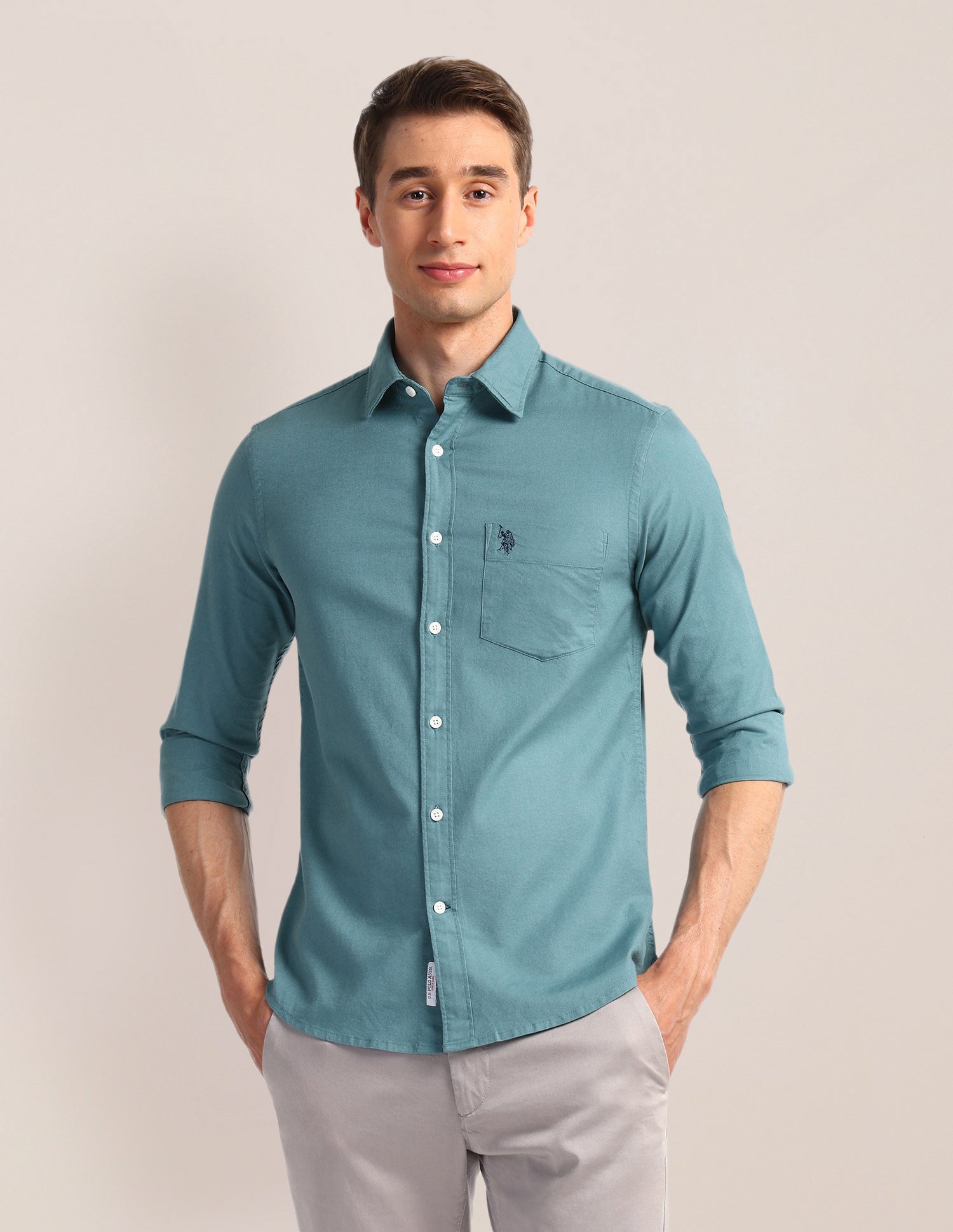 Solid Slim Fit Shirt Teal - U.S. Polo Assn. India | Large