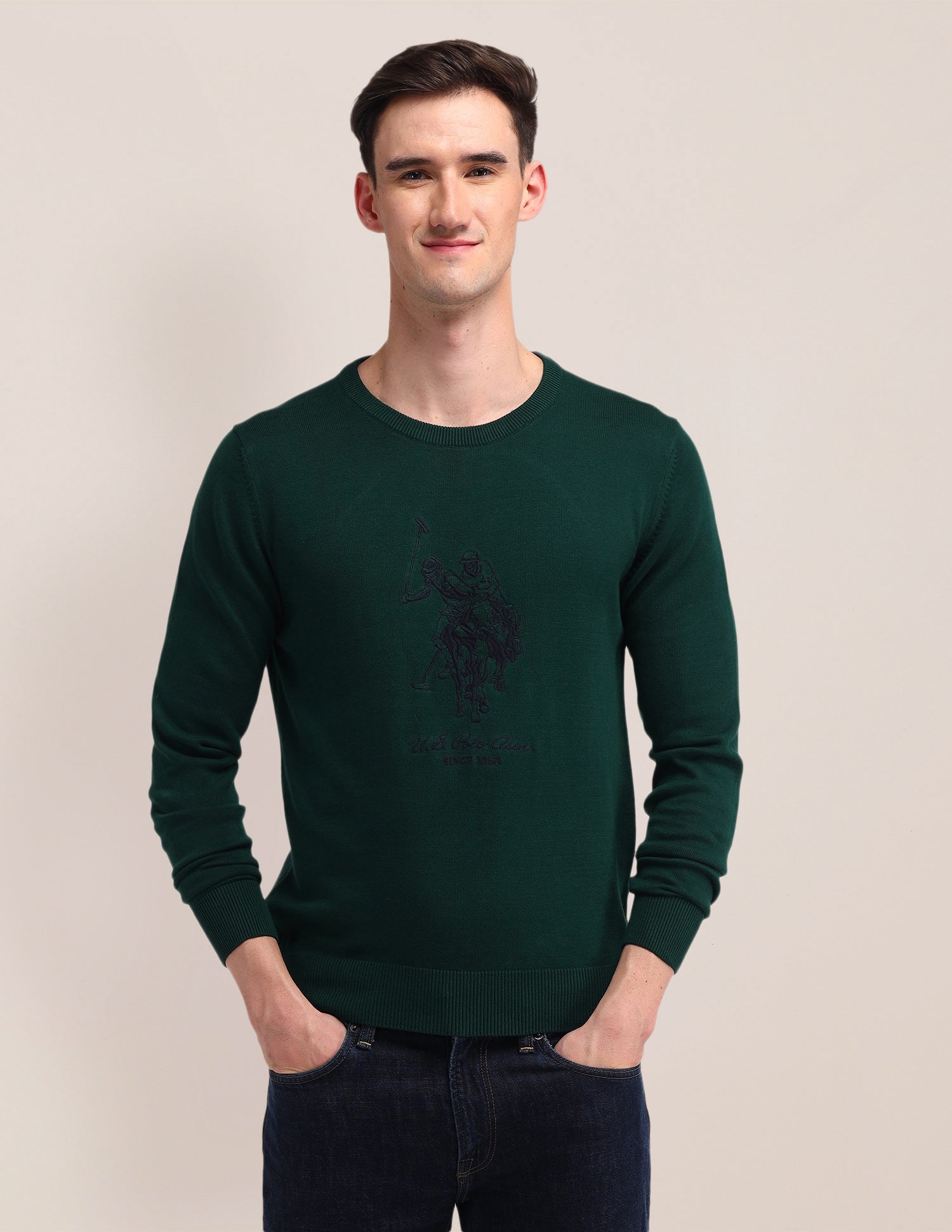 Crew Neck Logo Sweater Olive - U.S. Polo Assn. India | Large