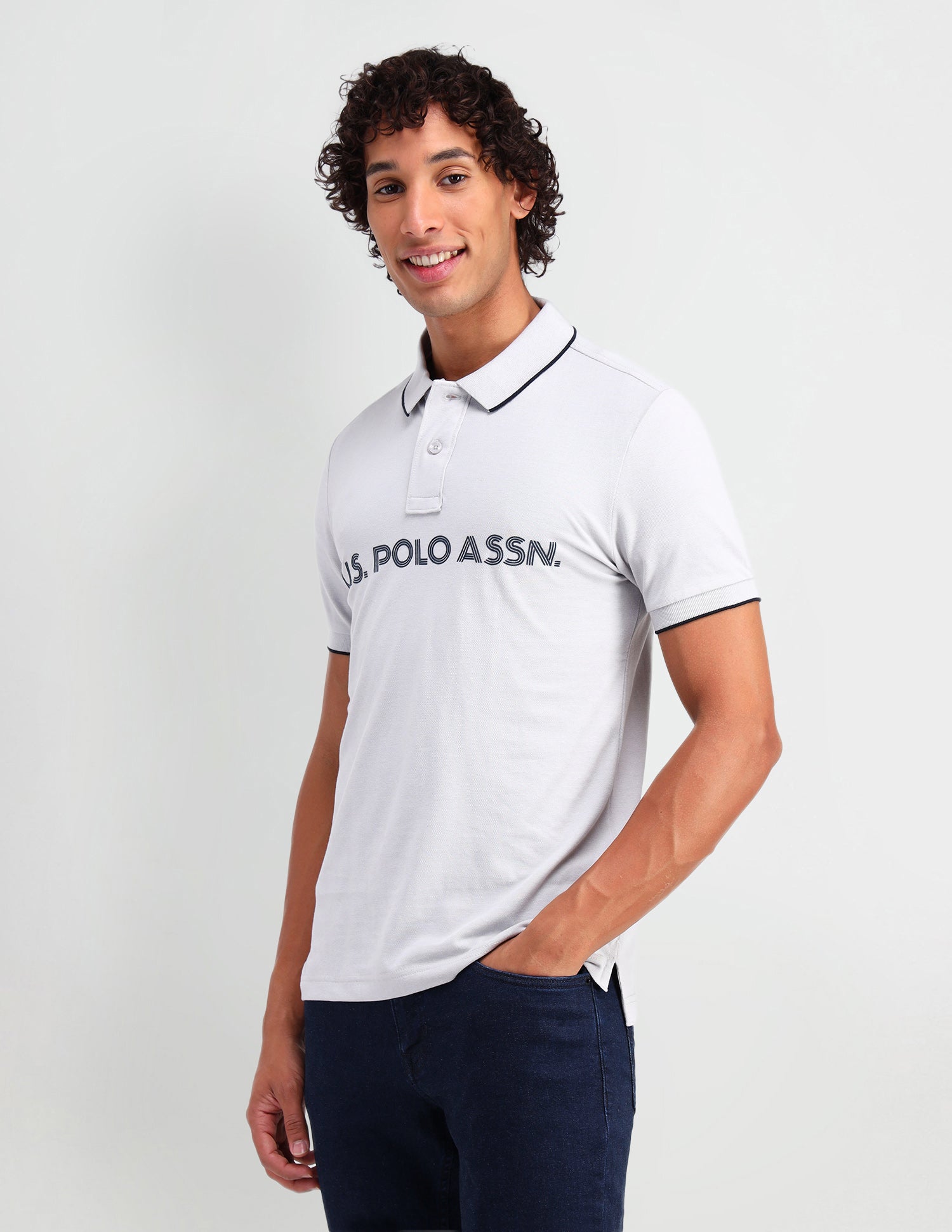 Brand Printed Muscle Fit Polo Shirt Dew Grey - U.S. Polo Assn. India | Large