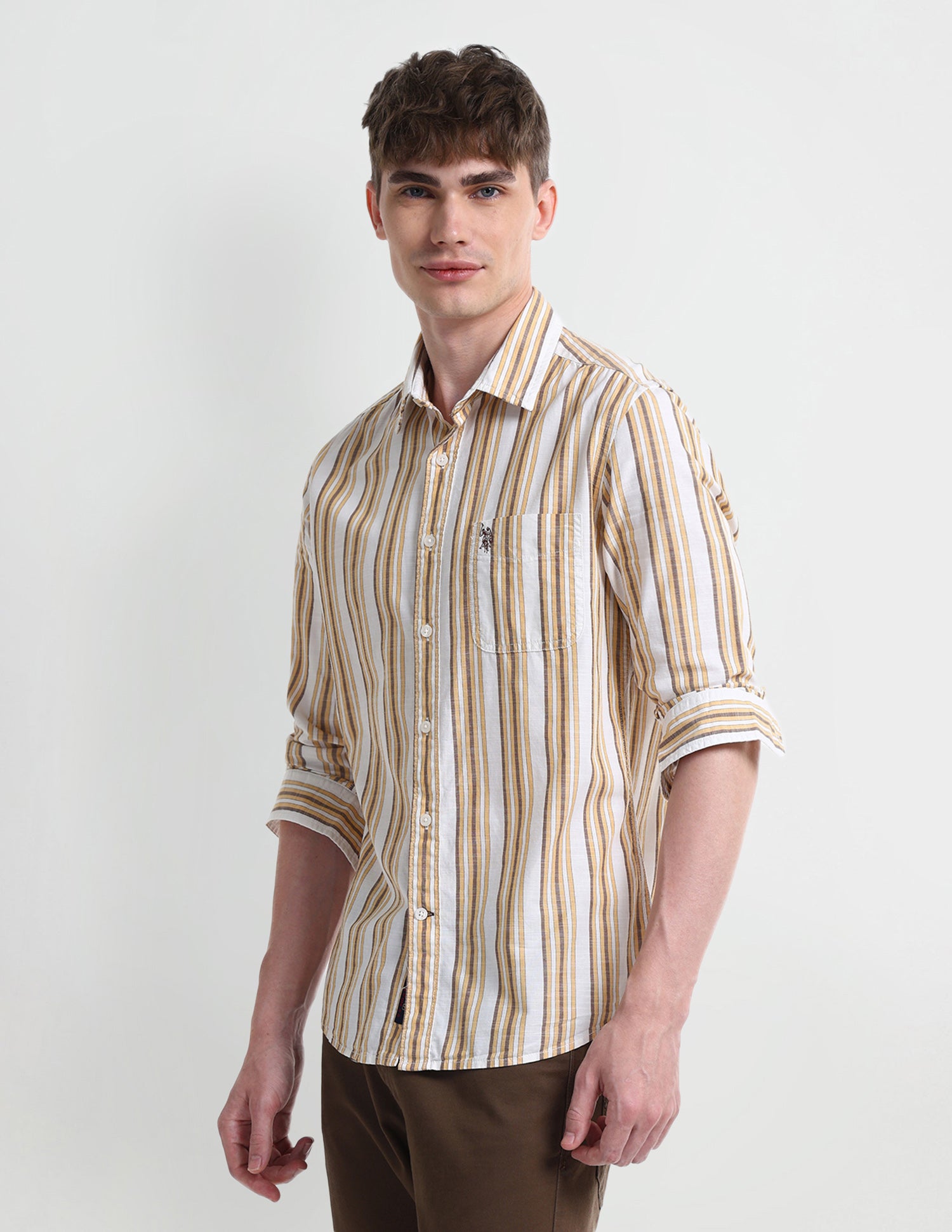 Vertical Striped Slim Fit Shirt Mustard - U.S. Polo Assn. India | Large