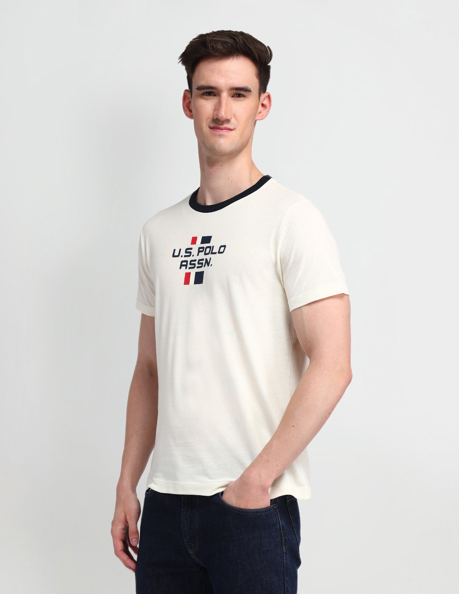 Brand Printed Muscle Fit T-Shirt Uspa Ivory - U.S. Polo Assn. India | Large