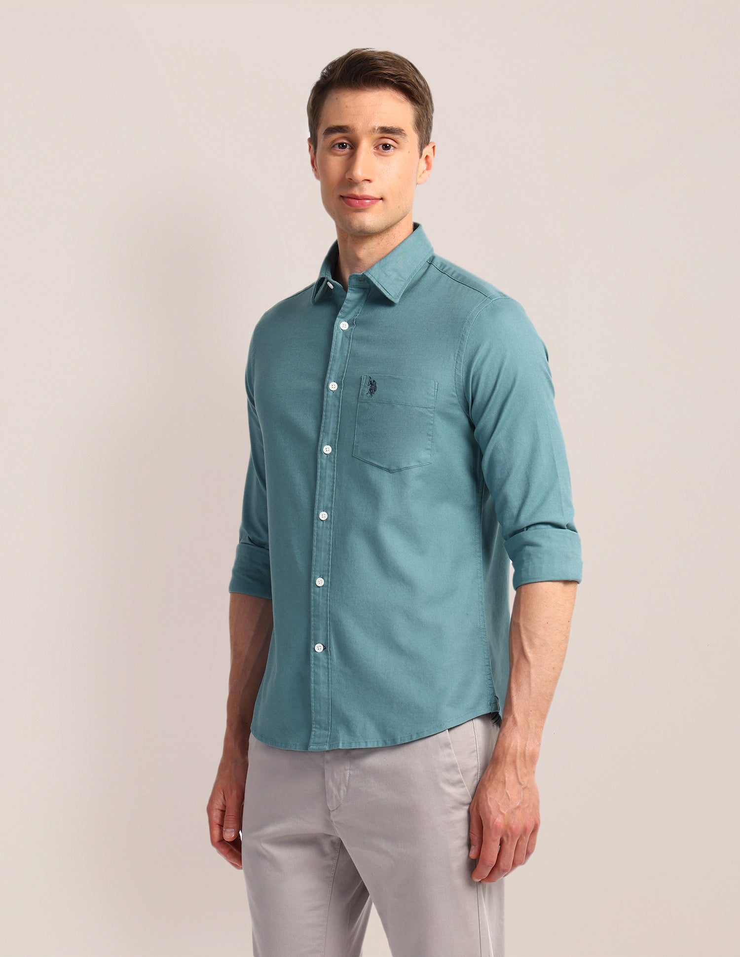 Solid Slim Fit Shirt Teal - U.S. Polo Assn. India | Large