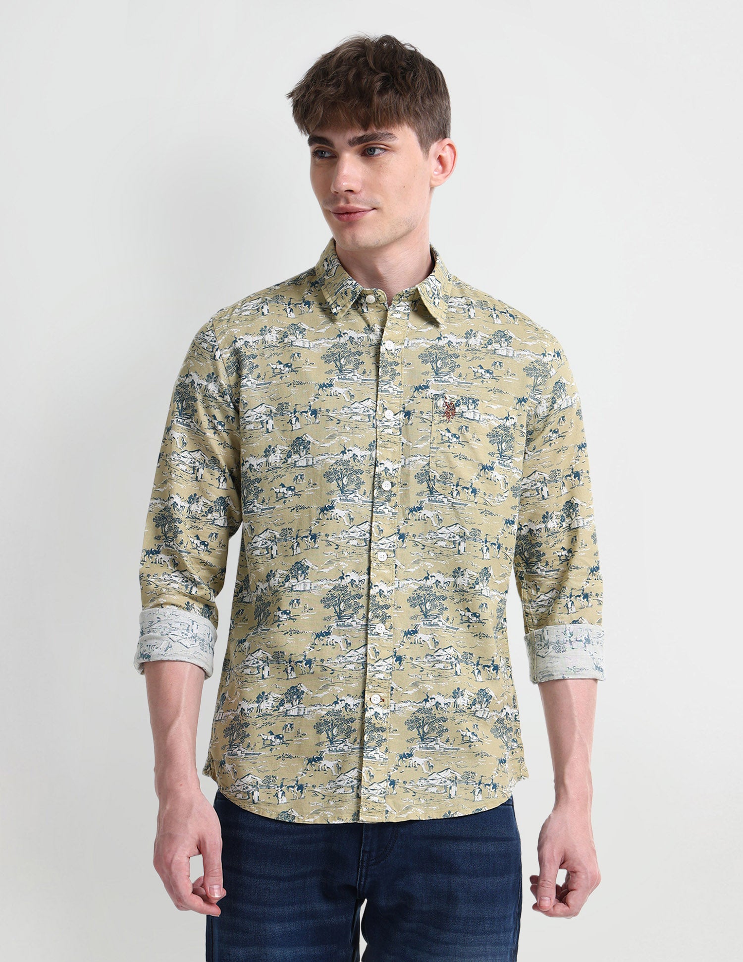 All-over Slim Fit Shirt Khaki - U.S. Polo Assn. India | Large