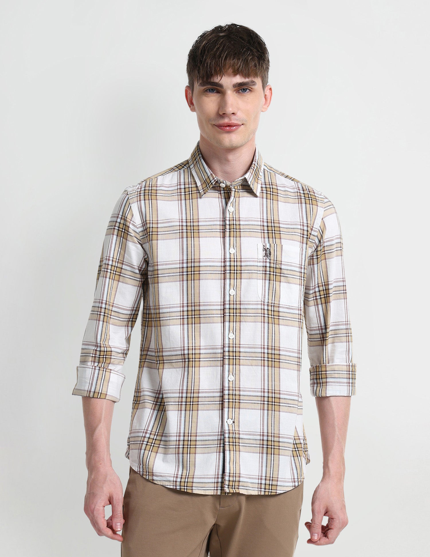 Dupplin Checked Slim Fit Shirt Beige - U.S. Polo Assn. India | Large