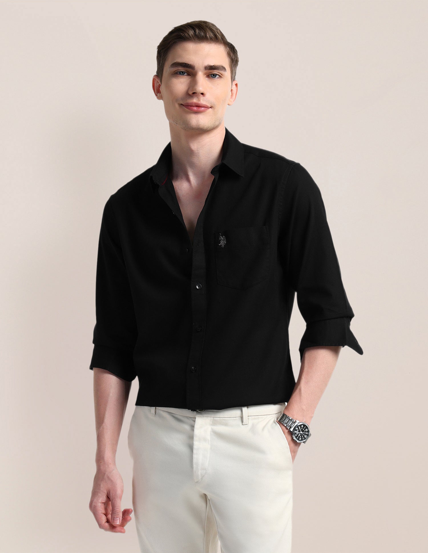 Solid Regular Fit Formal Shirt Black - U.S. Polo Assn. India | Large
