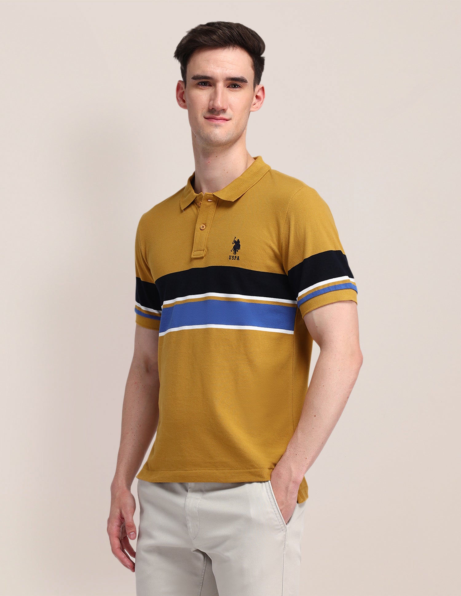 Horizontal Striped Slim Fit Polo Shirt Mustard - U.S. Polo Assn. India | Large
