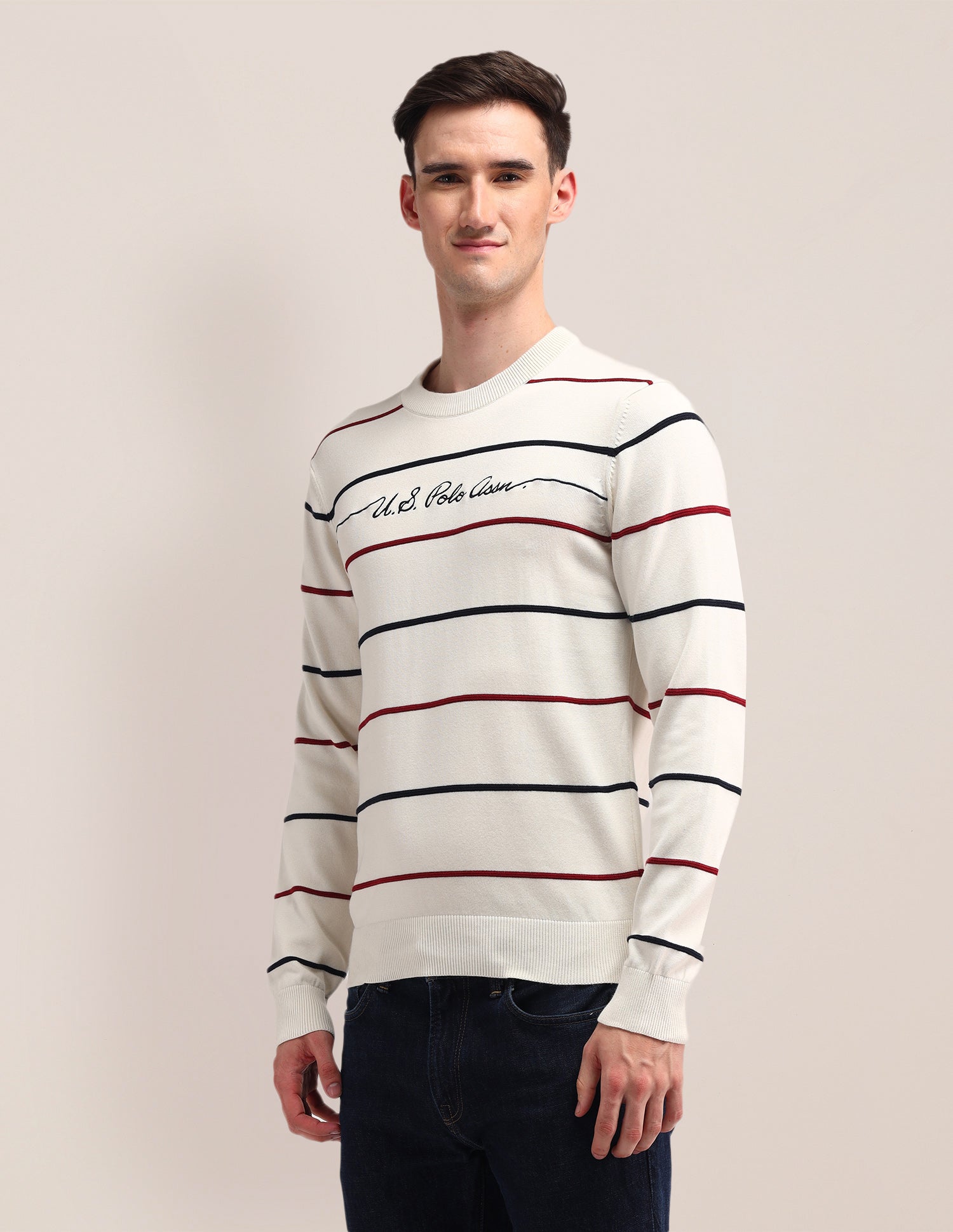 Crew Neck Horizontal Striped Sweater Off White - U.S. POLO ASSN. | Large