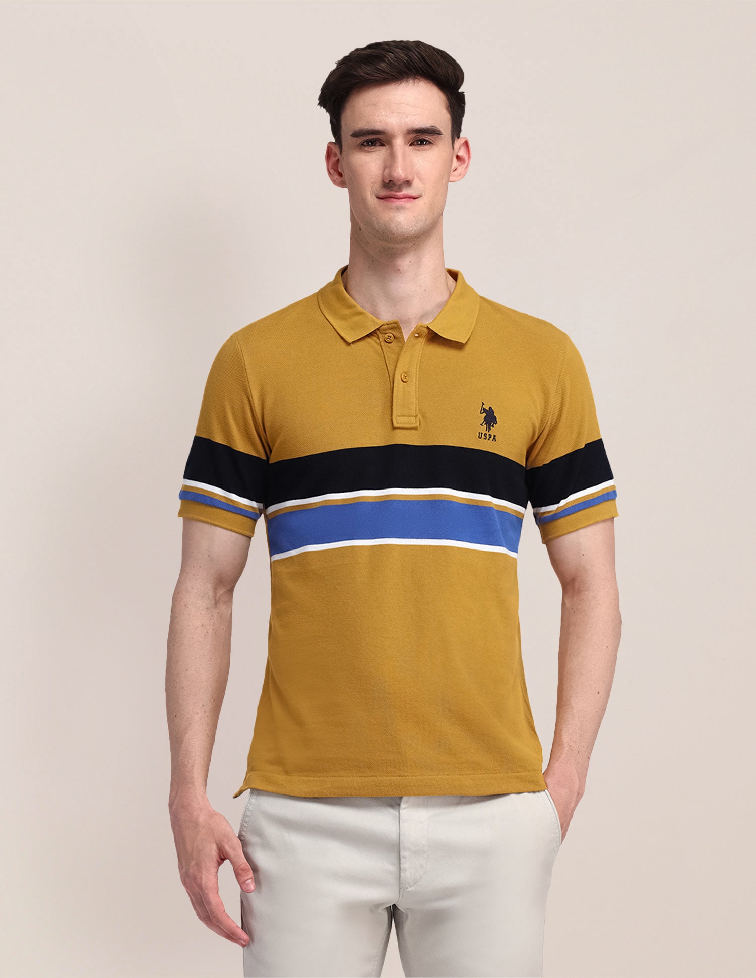 Horizontal Striped Slim Fit Polo Shirt Mustard - U.S. Polo Assn. India | Large