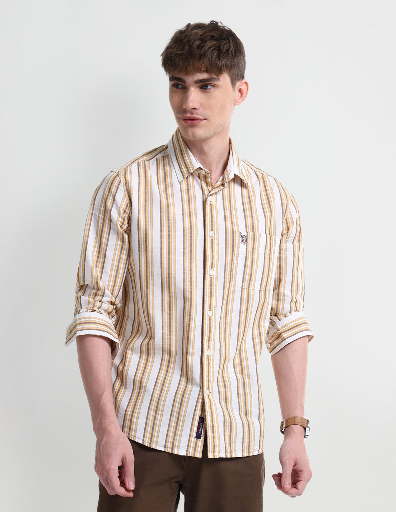 Vertical Striped Slim Fit Shirt Mustard - U.S. Polo Assn. India | Large