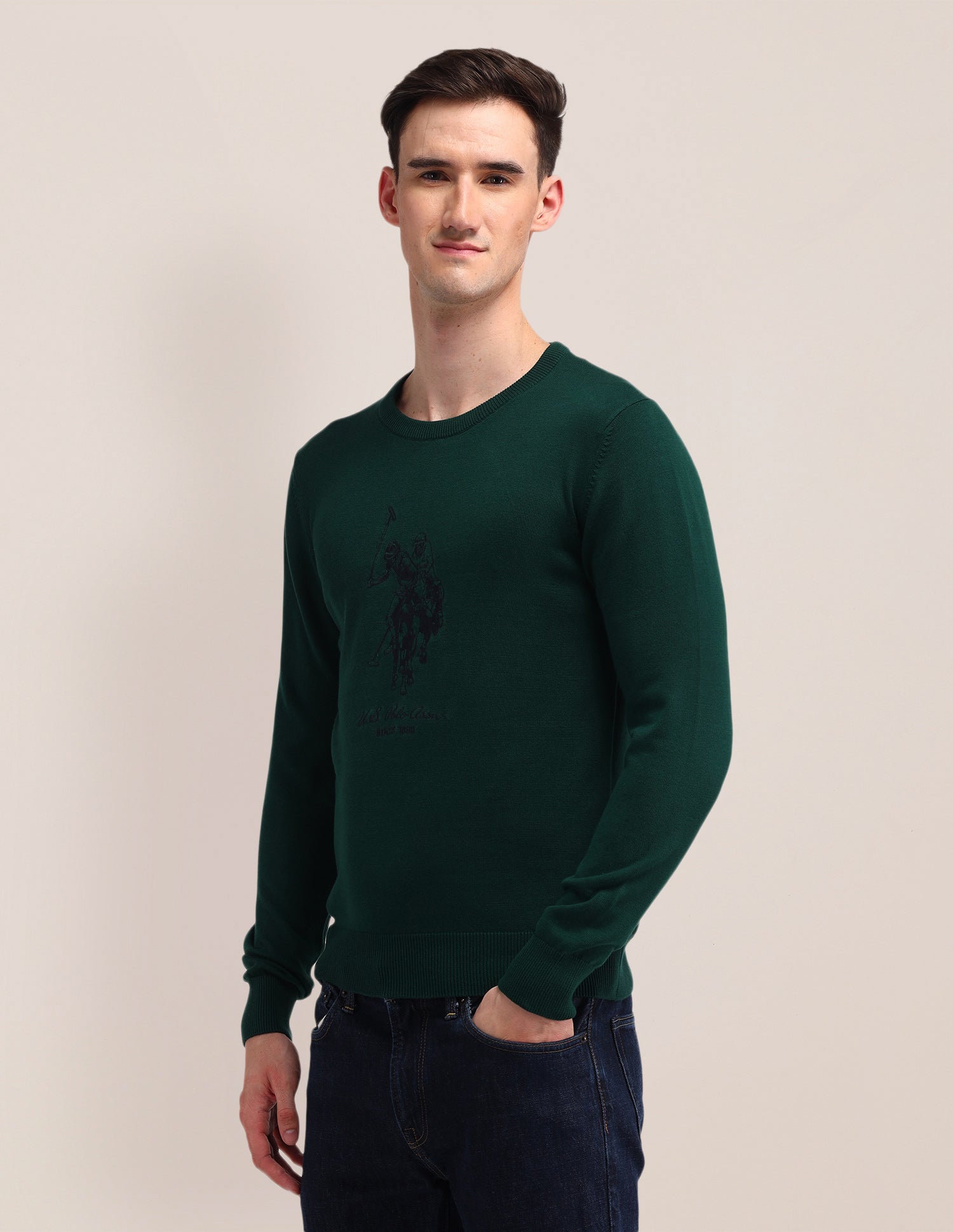 Crew Neck Logo Sweater Olive - U.S. Polo Assn. India | Large
