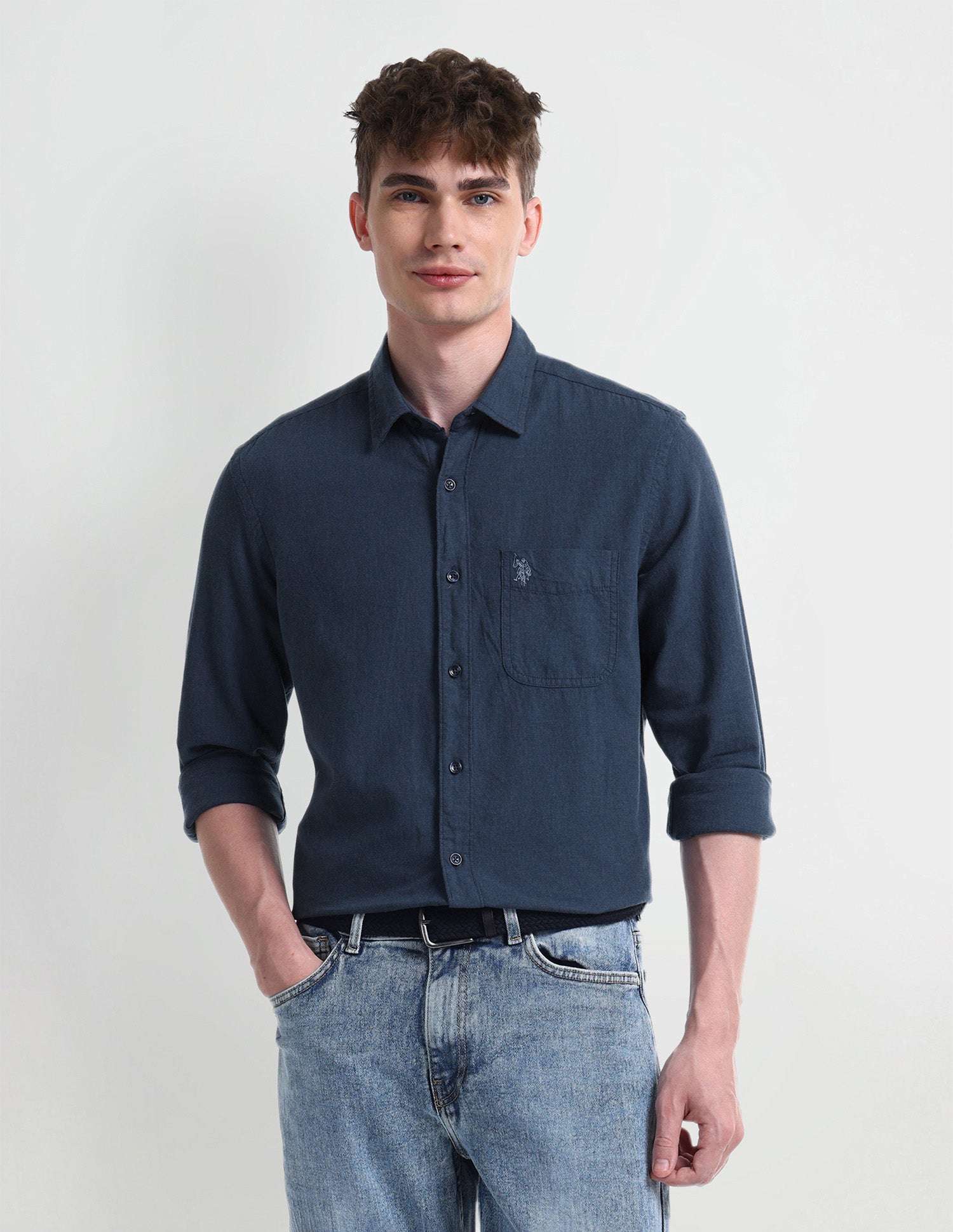Solid Slim Fit Shirt Navy - U.S. Polo Assn. India | Large