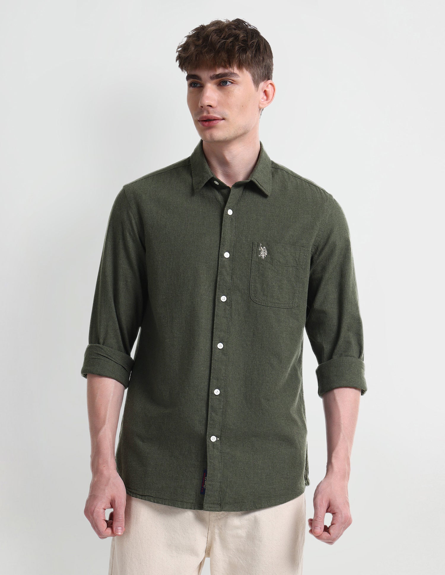 Solid Slim Fit Shirt Olive - U.S. Polo Assn. India | Large